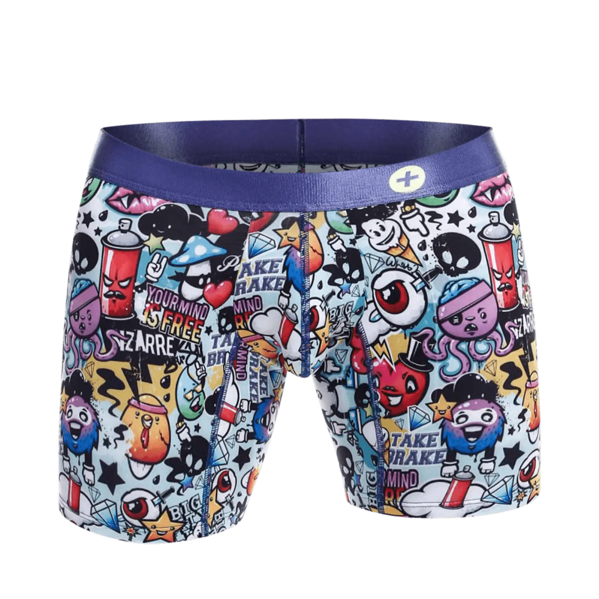 Malebasics hipster boxer brief comics with vibrant graffiti design purple waistband and colorful cartoon characters