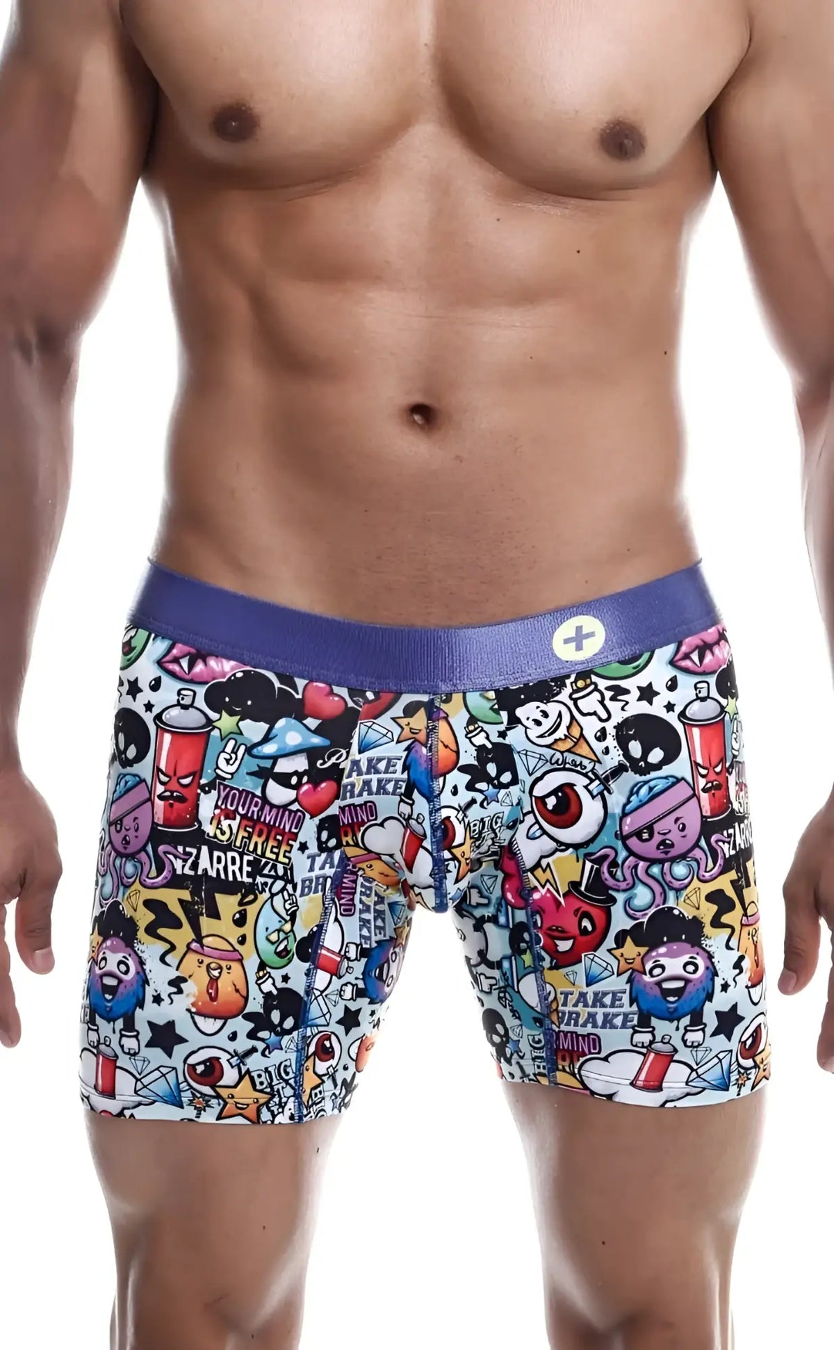 Malebasics hipster boxer brief comics in white with vibrant cartoon graffiti print and solid purple waistband