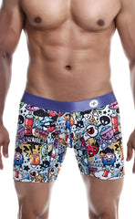 Malebasics hipster boxer brief comics in white with vibrant cartoon graffiti print and solid purple waistband