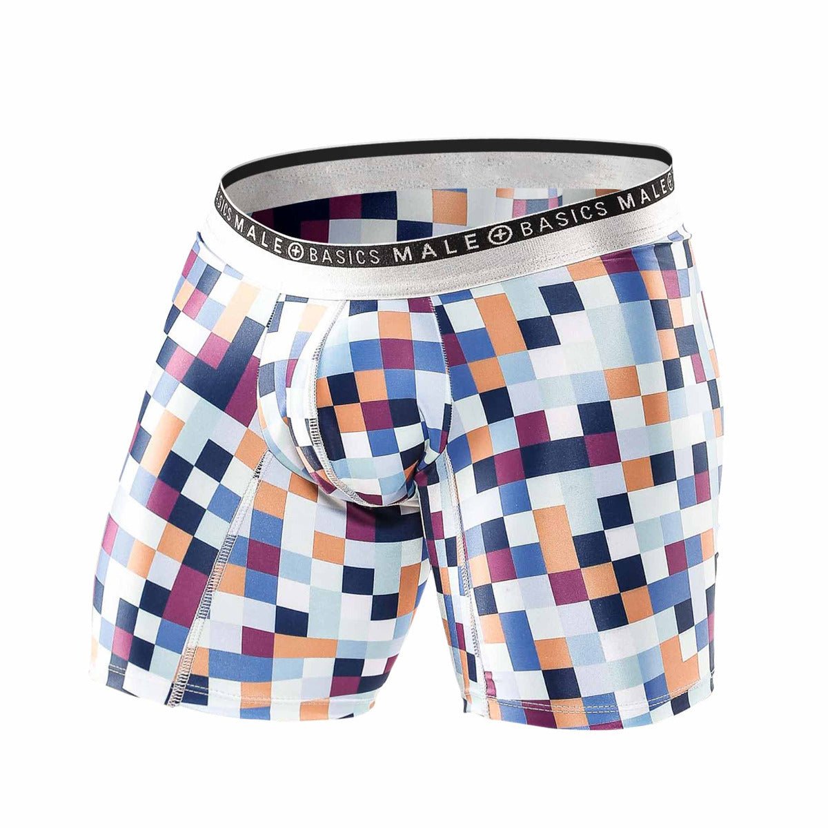 Malebasics hipster boxer brief pixels with vibrant blue orange purple and white pixelated pattern and silver branded waistband