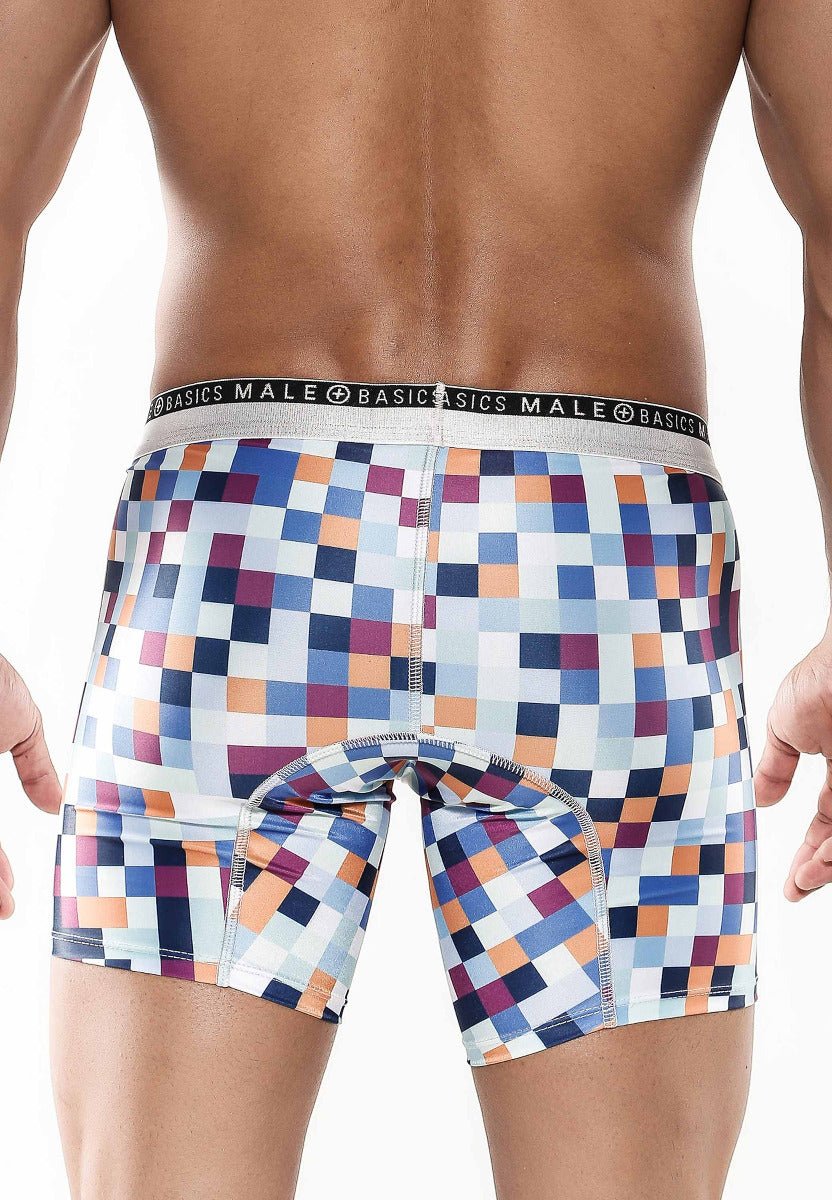 Malebasics hipster boxer brief pixels with multicolored pixel pattern and gray waistband featuring basics male branding