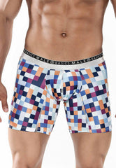 Malebasics hipster boxer brief pixels with vibrant blue orange and purple pixelated pattern on white base and silver waistband