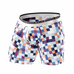 Malebasics hipster boxer briefs with a vibrant pixelated blue orange purple and white pattern and silver branded waistband