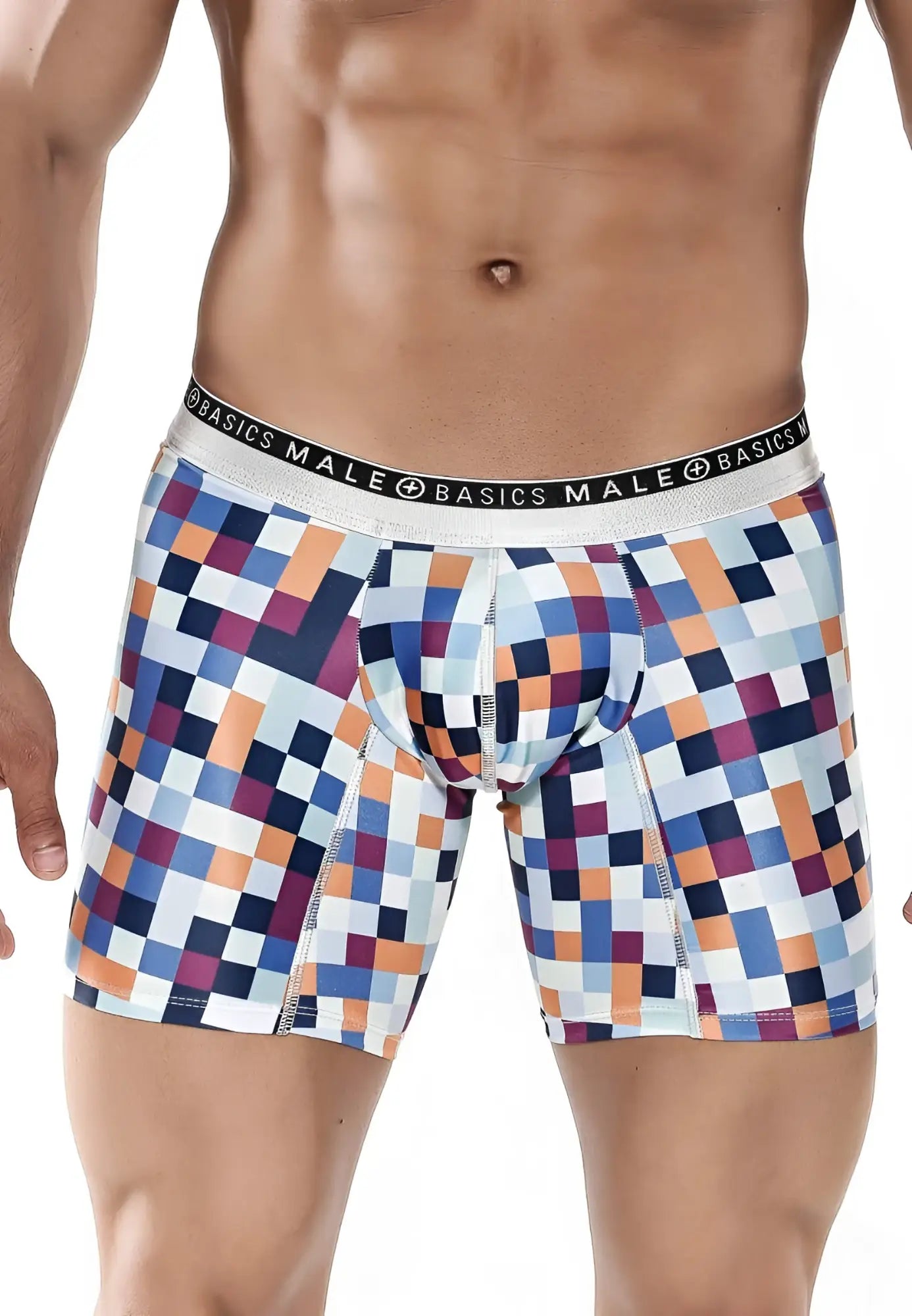 Malebasics hipster boxer brief pixels with vibrant blue orange and purple pixelated pattern on white base and silver waistband