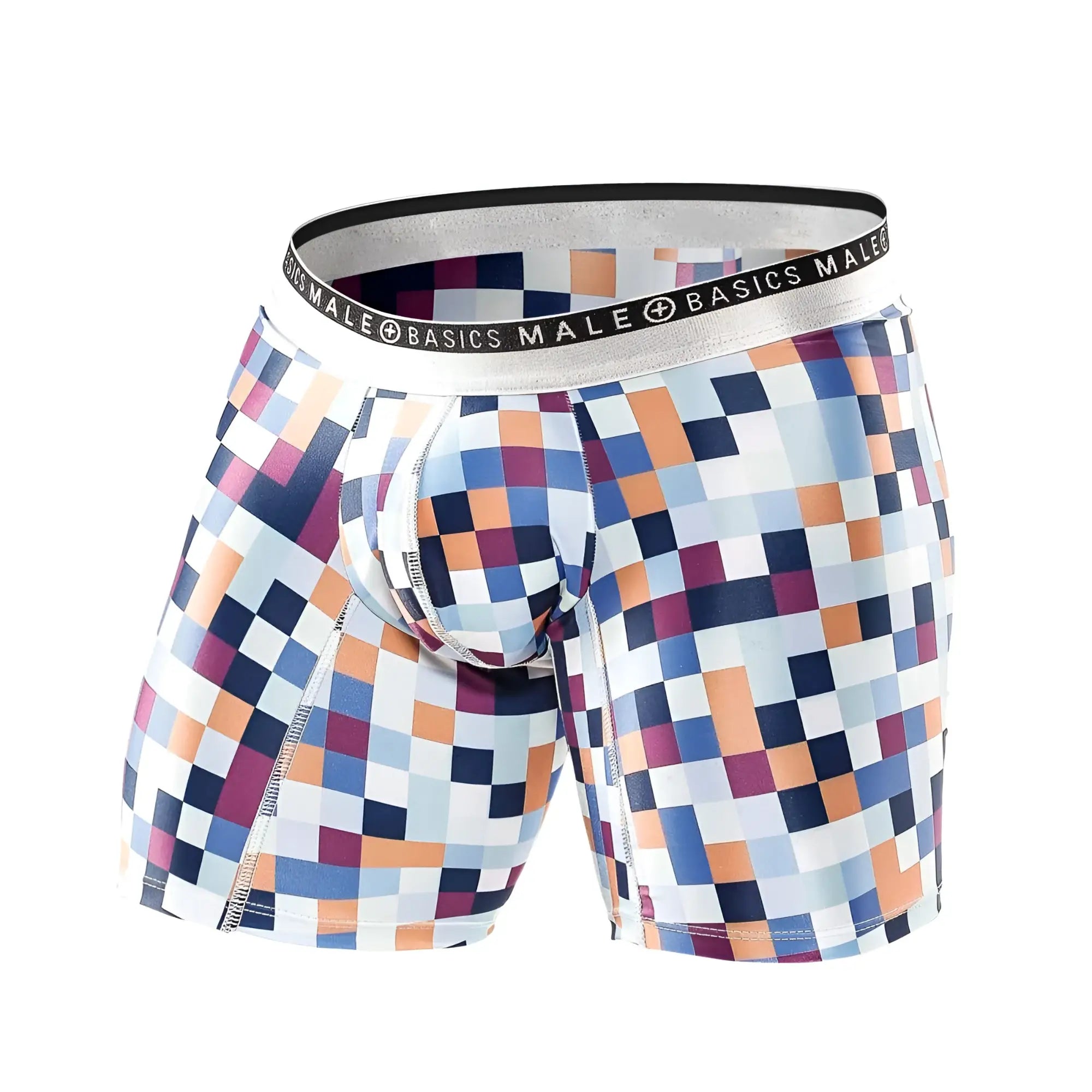 Malebasics hipster boxer briefs with a vibrant pixelated blue orange purple and white pattern and silver branded waistband