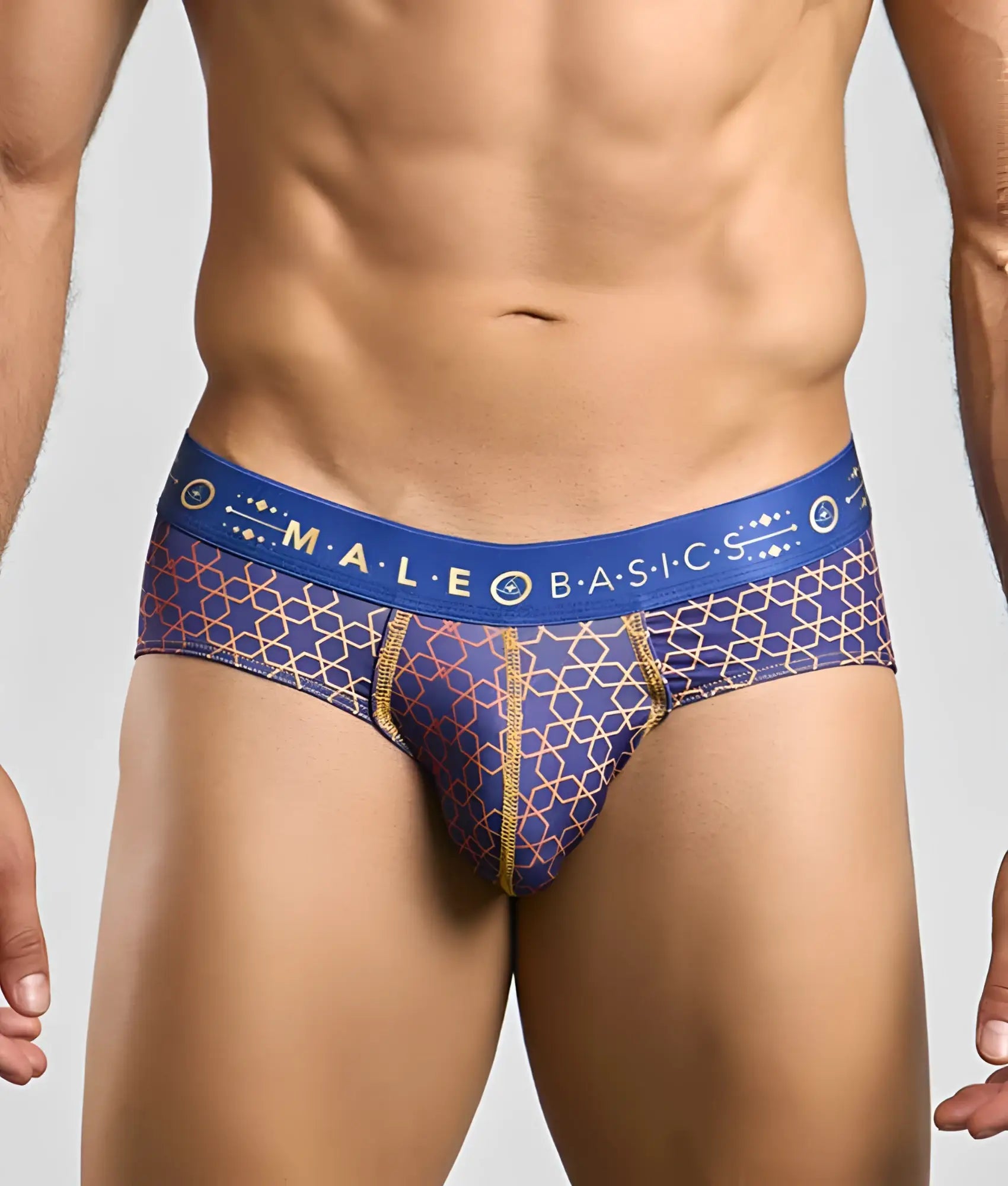Malebasics hipster brief mens briefs with blue and gold pattern and branded waistband for comfortable fit