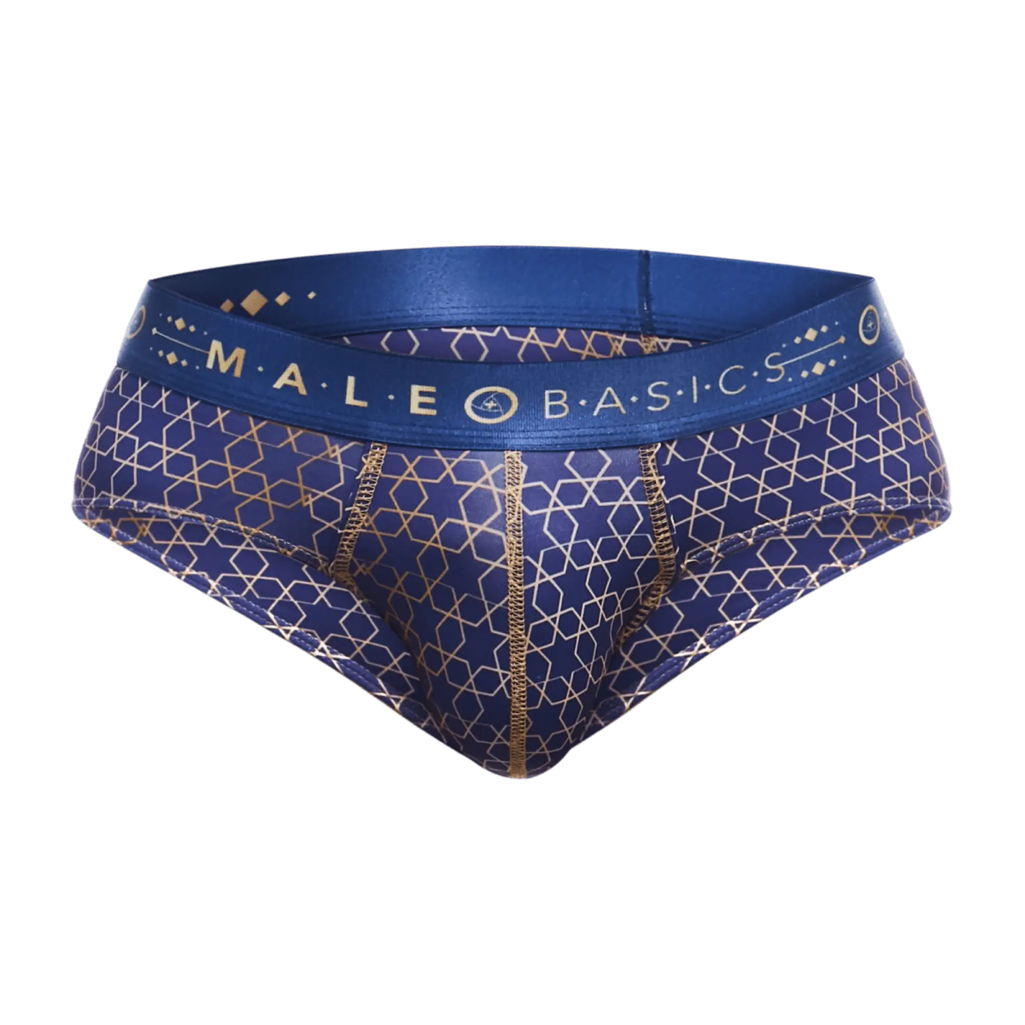 Male basics hipster brief in blue and gold patterned fabric with a male basics branded waistband for everyday comfort