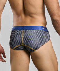Malebasics hipster brief in blue and gray honeycomb pattern with yellow stitching for comfortable everyday wear