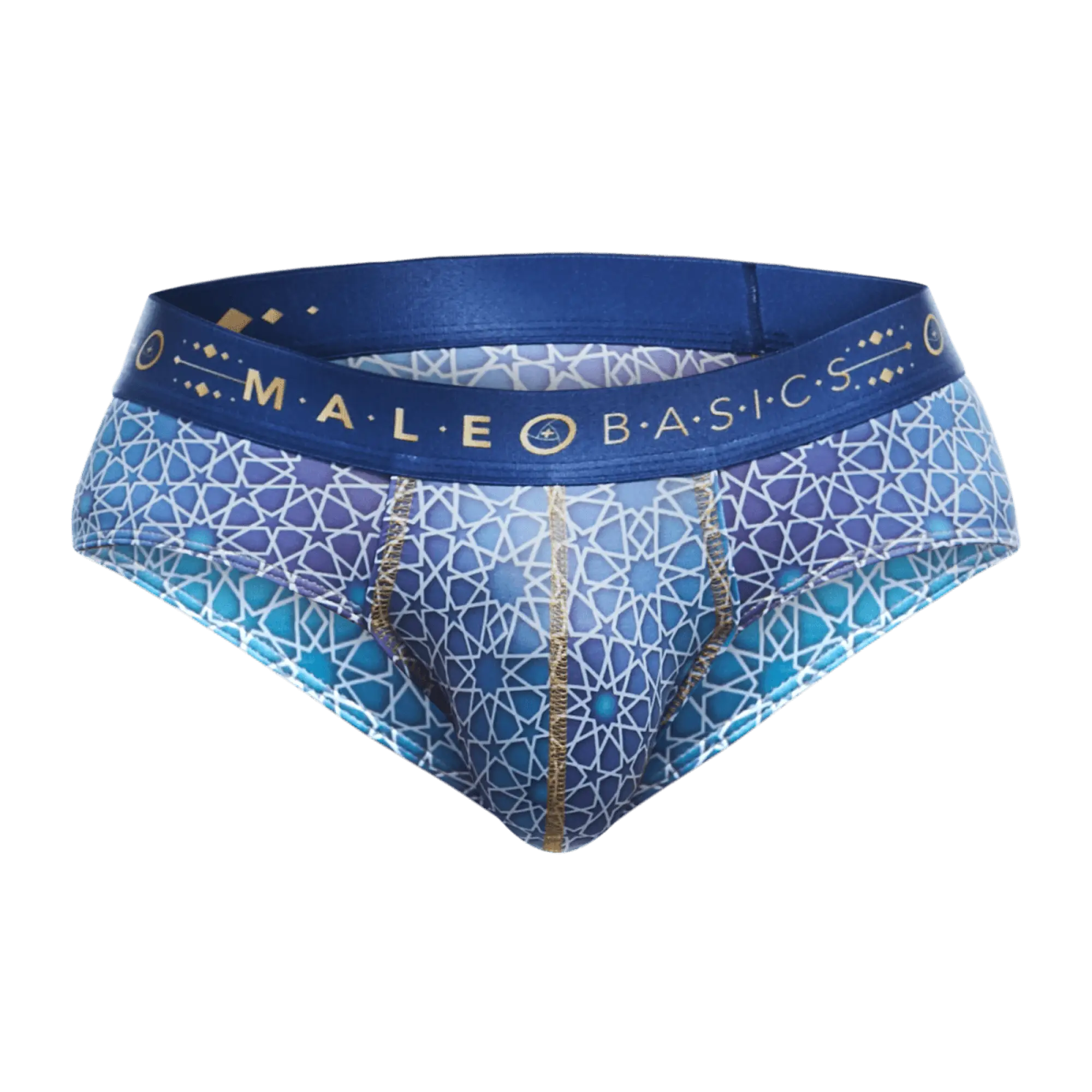 MaleBasics hipster brief in blue and purple with gold geometric accents and a branded waistband for men