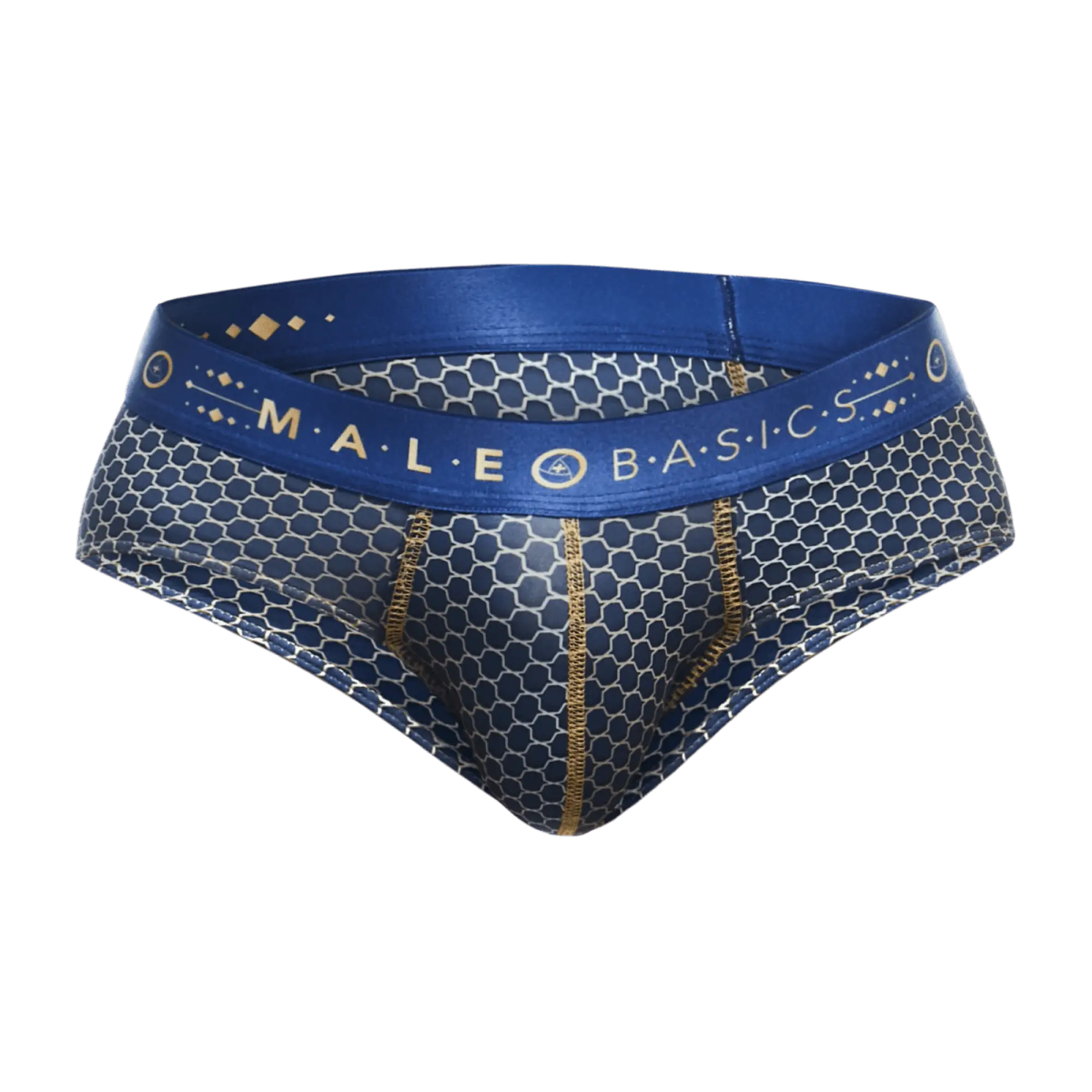 Male basics hipster brief in blue and silver honeycomb pattern with gold trim waistband and male basics logo