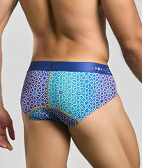 Malebasics hipster brief in blue and turquoise geometric pattern with gold trim designed for comfortable menswear