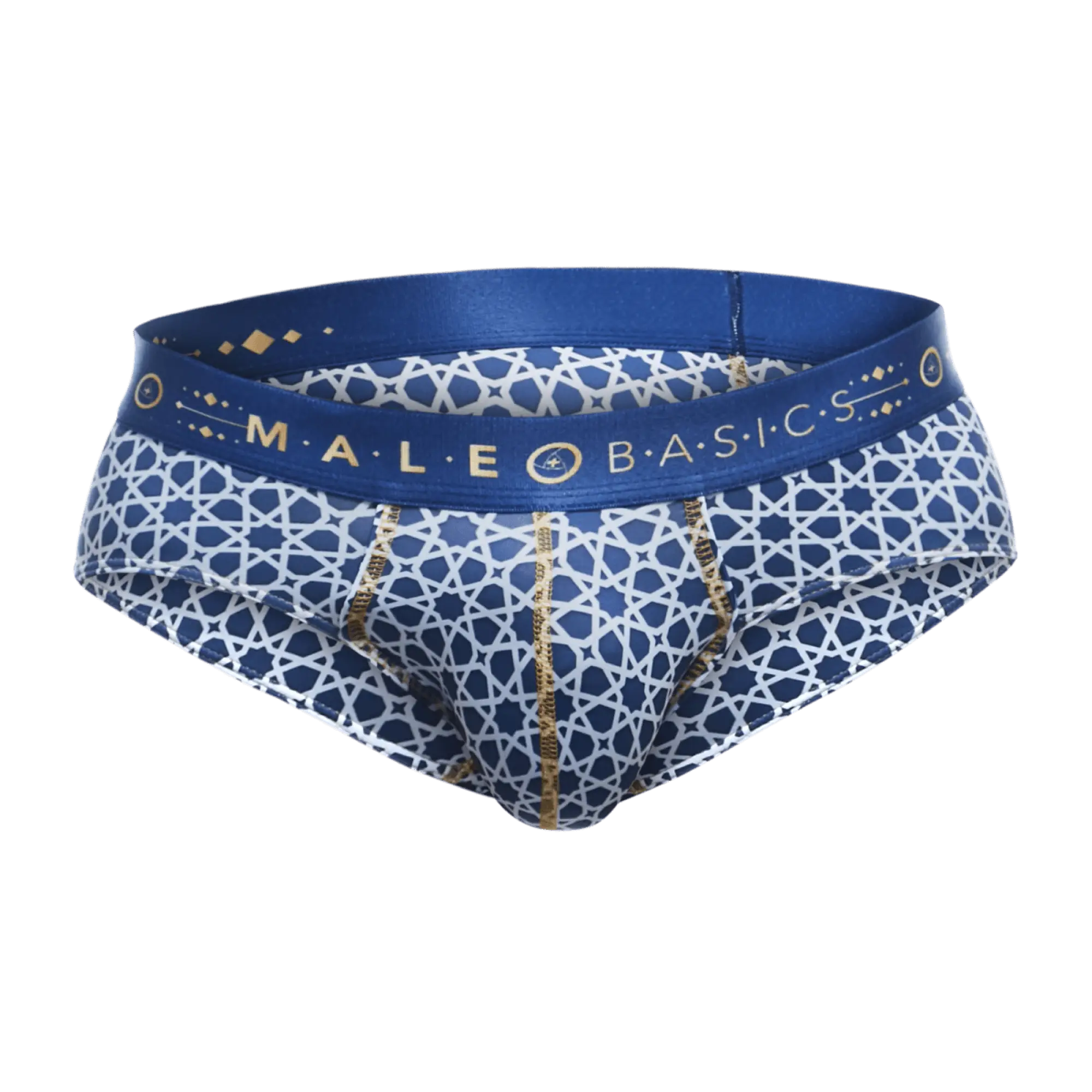 Blue and white patterned men’s hipster briefs with gold trim and male basics waistband featuring geometric design