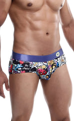 MaleBasics hipster brief comics men’s underwear with blue waistband and colorful graffiti cartoon print no pain on white background