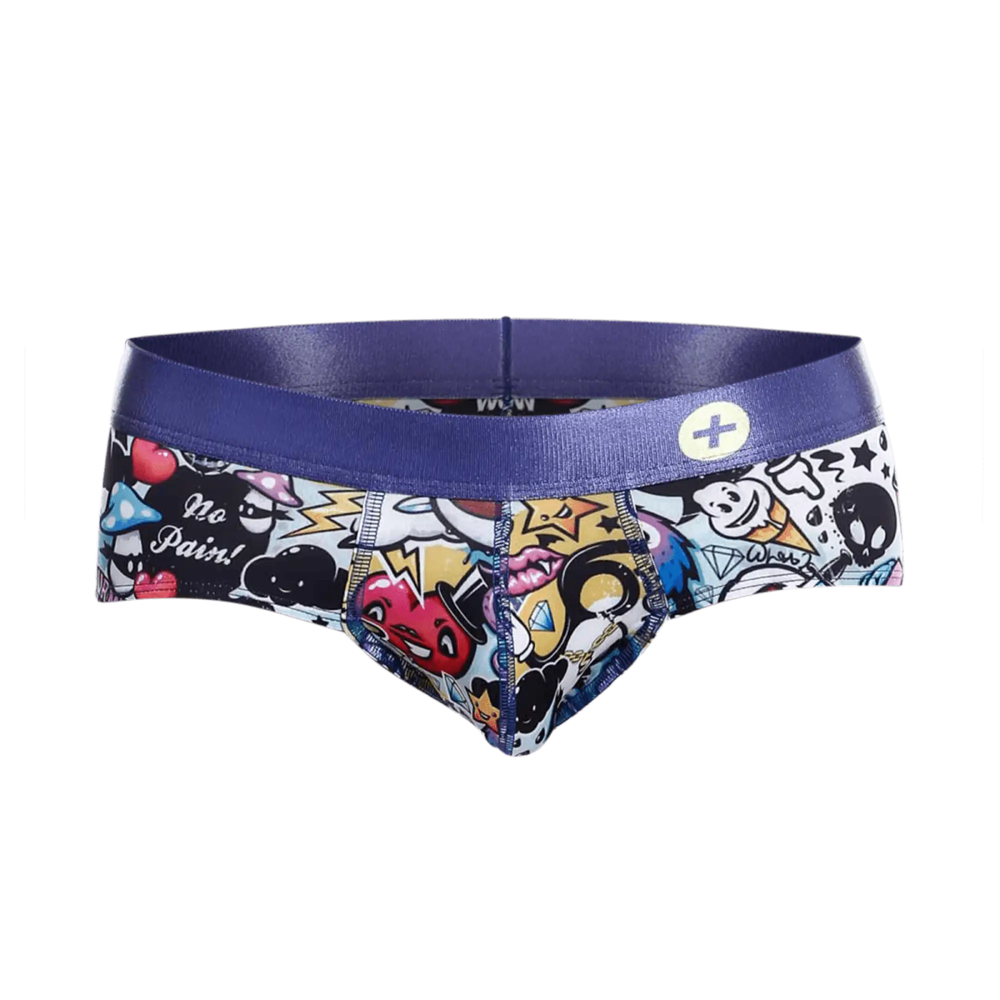 MaleBasics hipster briefs with a purple waistband featuring a vibrant graffiti-style cartoon print and colorful characters