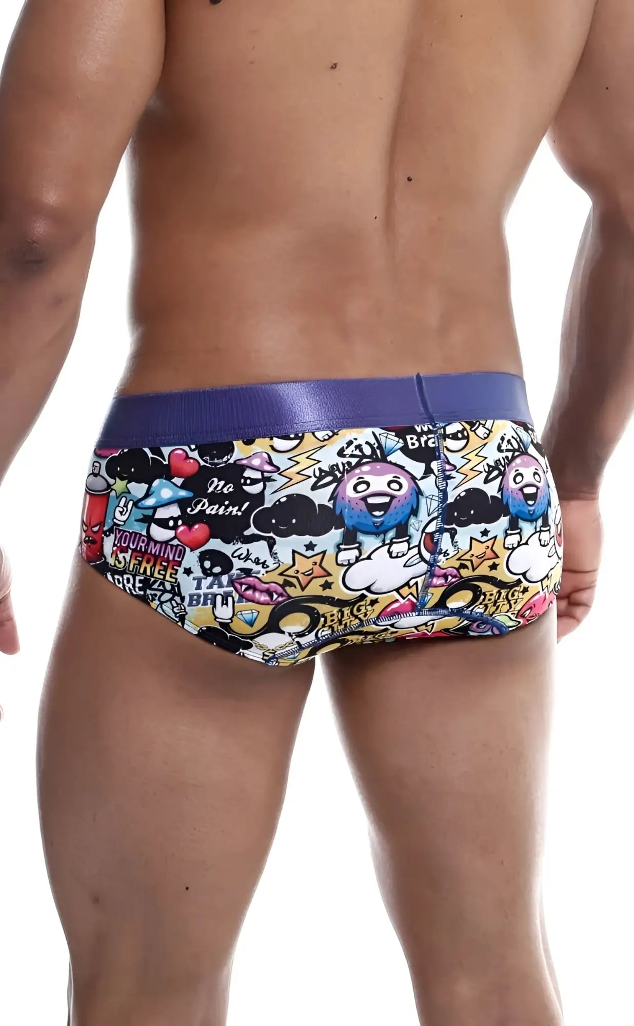 Male basics hipster brief comics featuring vibrant cartoon swim trunks with a purple waistband and colorful graphics