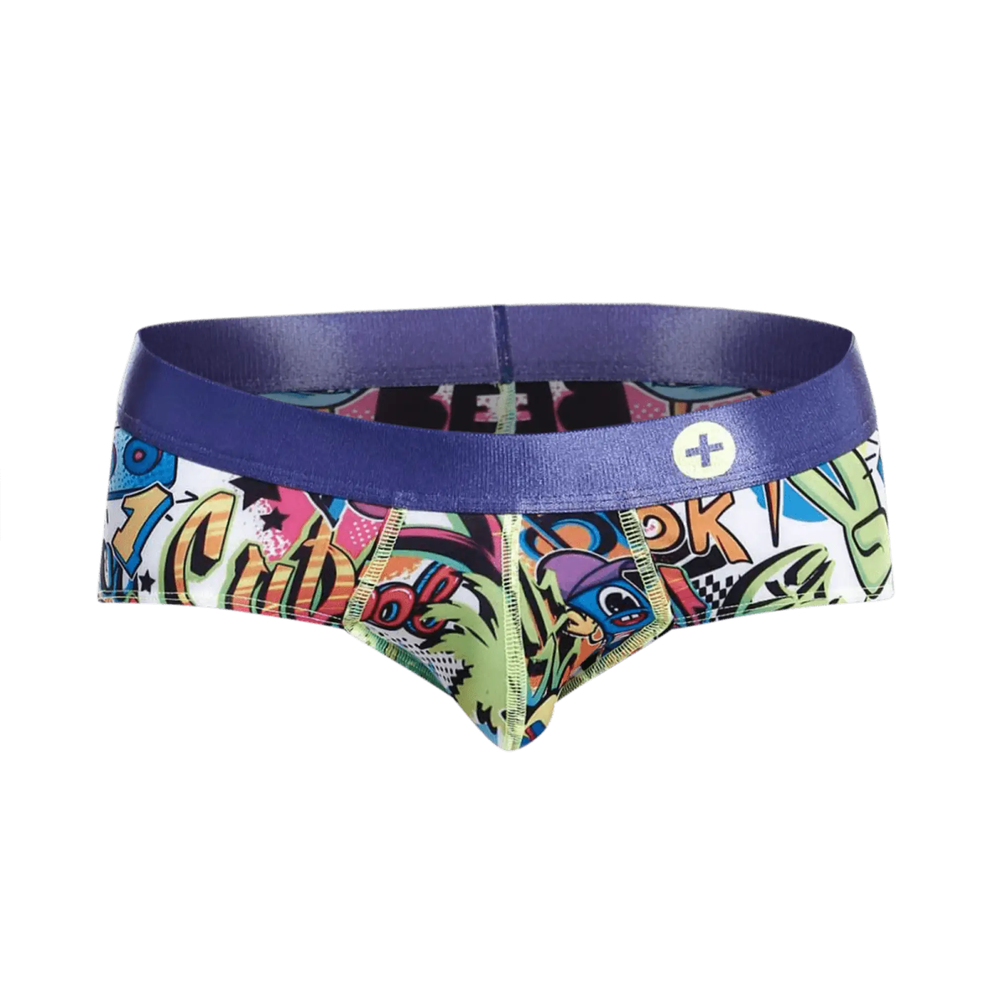 Malebasics hipster brief comics men’s briefs with bold purple waistband and colorful cartoon graphics on white background