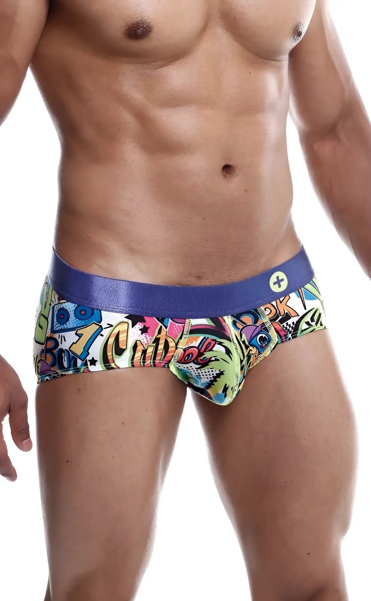 Malebasics hipster brief comics featuring vibrant graffiti-inspired graphics and a bold blue waistband for men
