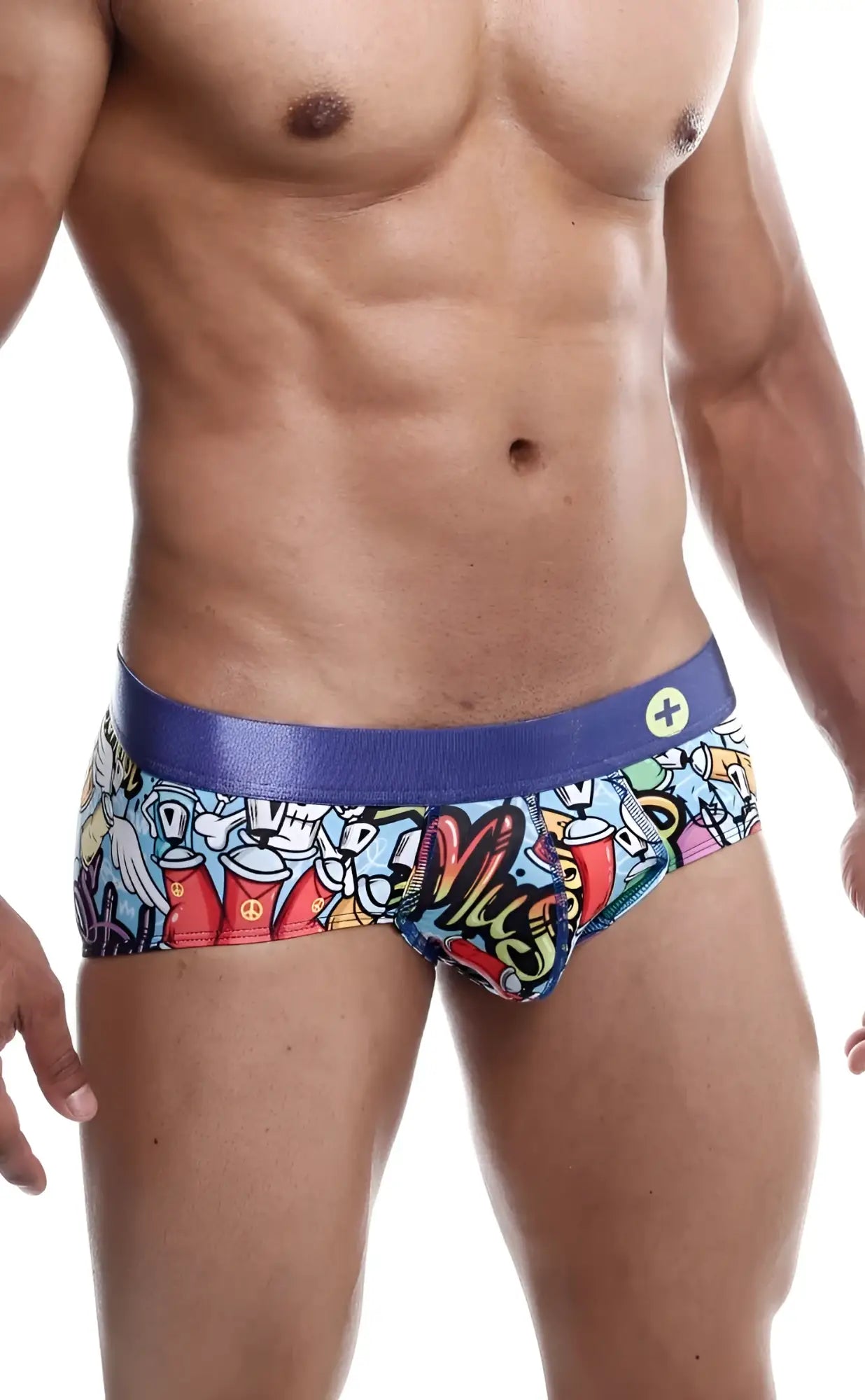 Malebasics hipster brief comics with vibrant graffiti pattern colorful cartoon graphics and bold blue waistband