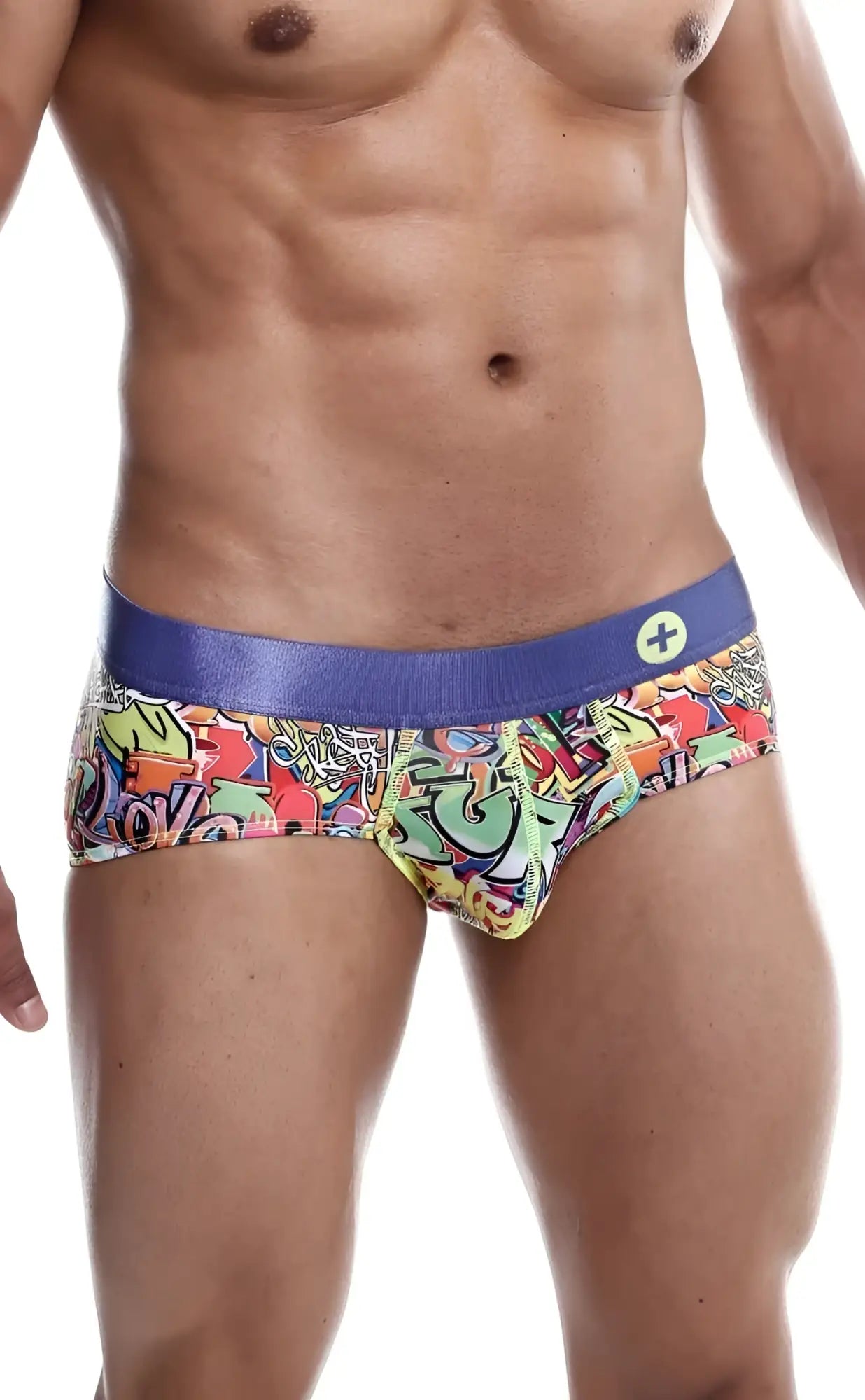 Malebasics hipster brief comics featuring vibrant graffiti pattern and solid blue waistband with white plus sign logo