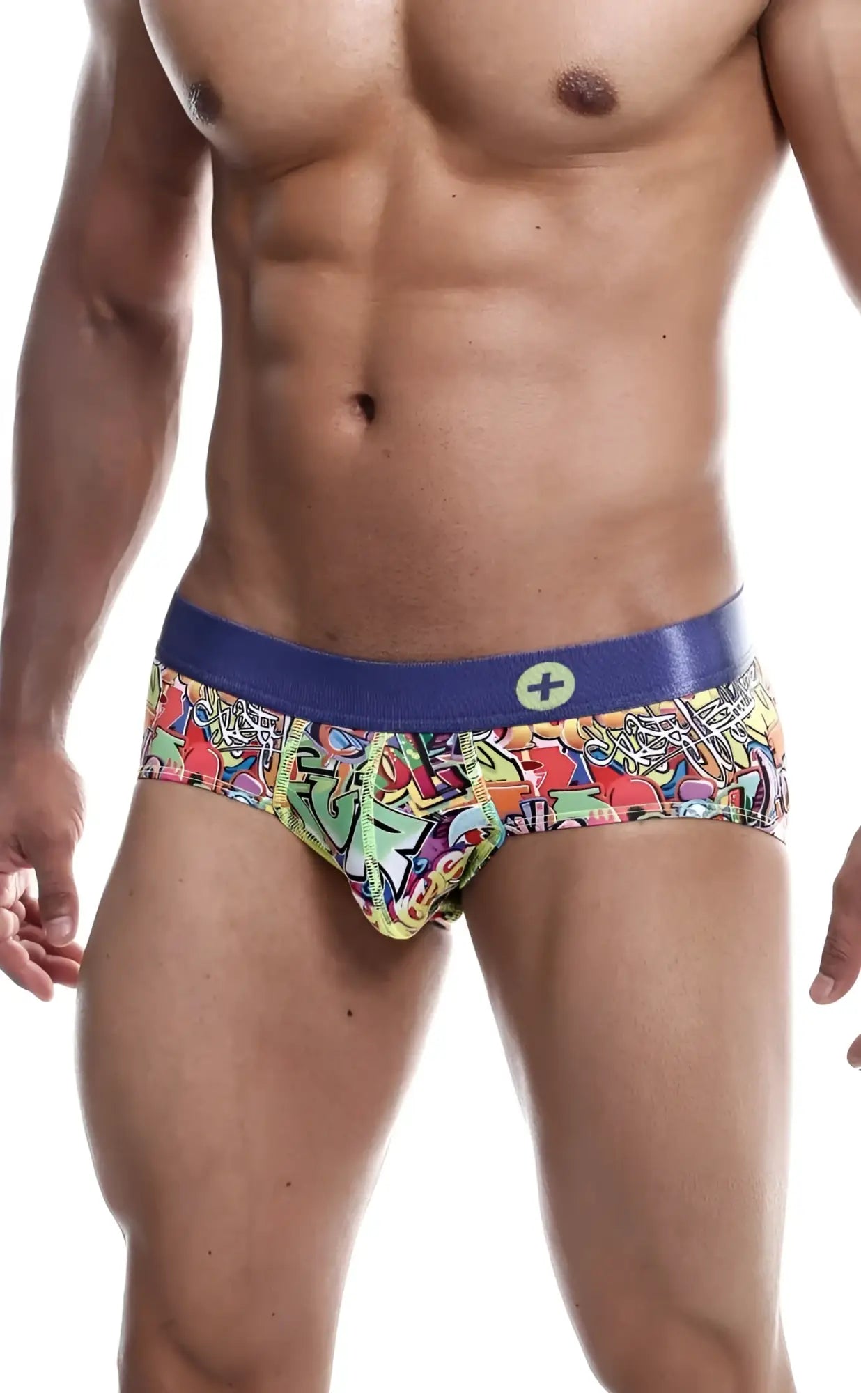 Malebasics hipster brief comics vibrant graffiti-patterned men’s briefs with solid blue waistband and circular logo