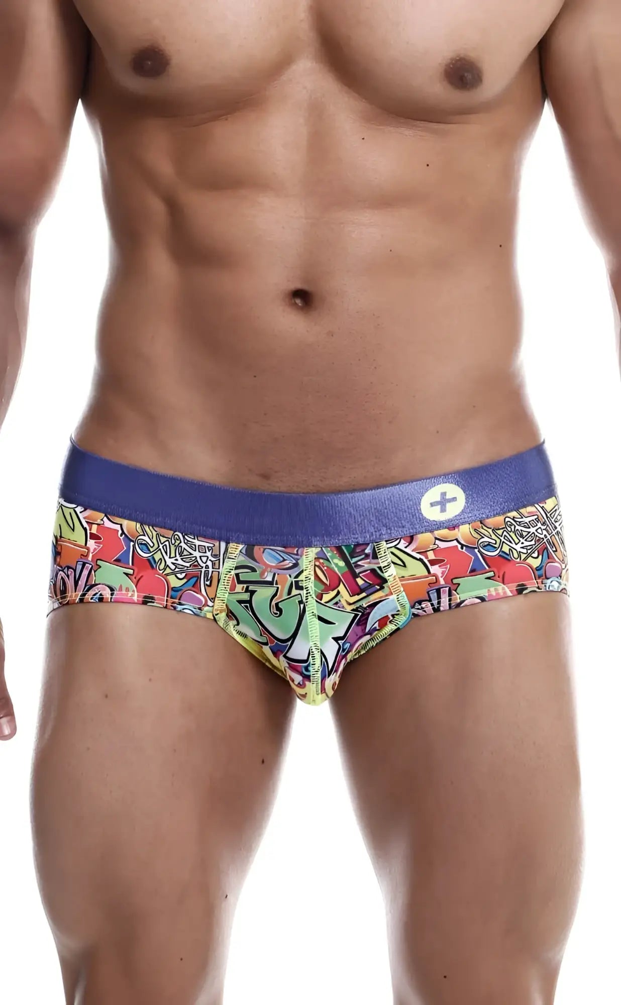Malebasics hipster brief comics featuring vibrant graffiti pattern with solid blue waistband and white circular logo