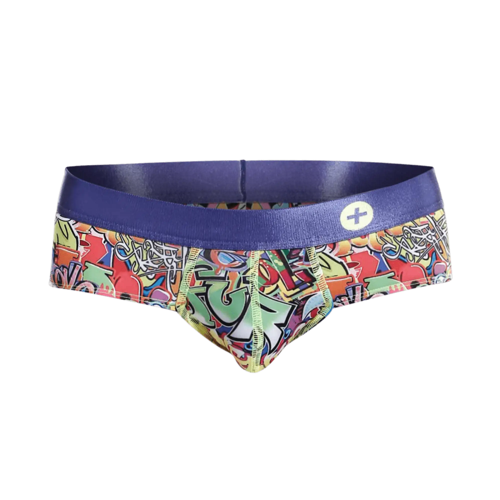 Malebasics hipster brief comics featuring vibrant graffiti pattern with solid purple waistband and white plus sign logo