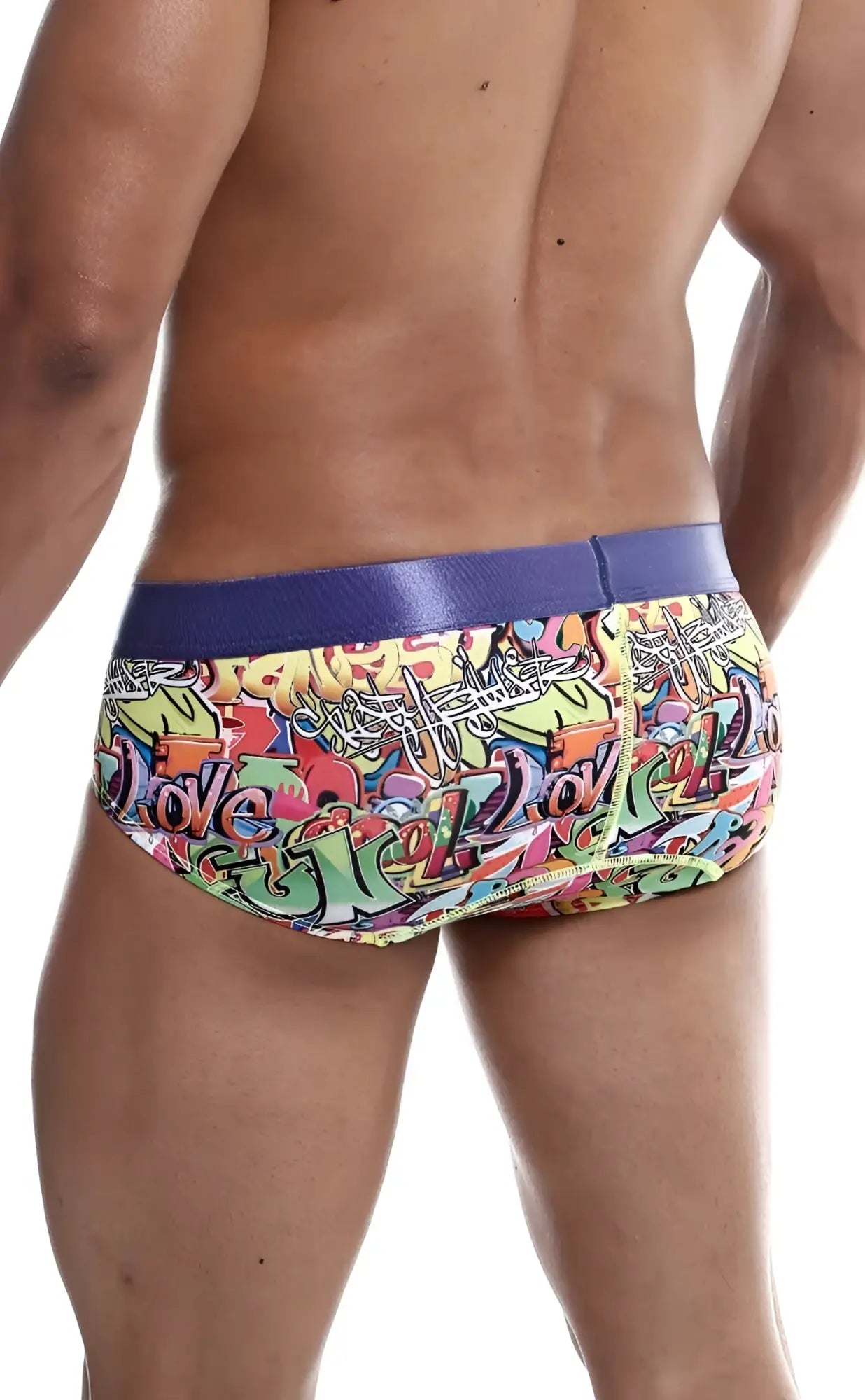 Malebasics hipster brief comics featuring vibrant graffiti-patterned swim trunks with a bold purple waistband