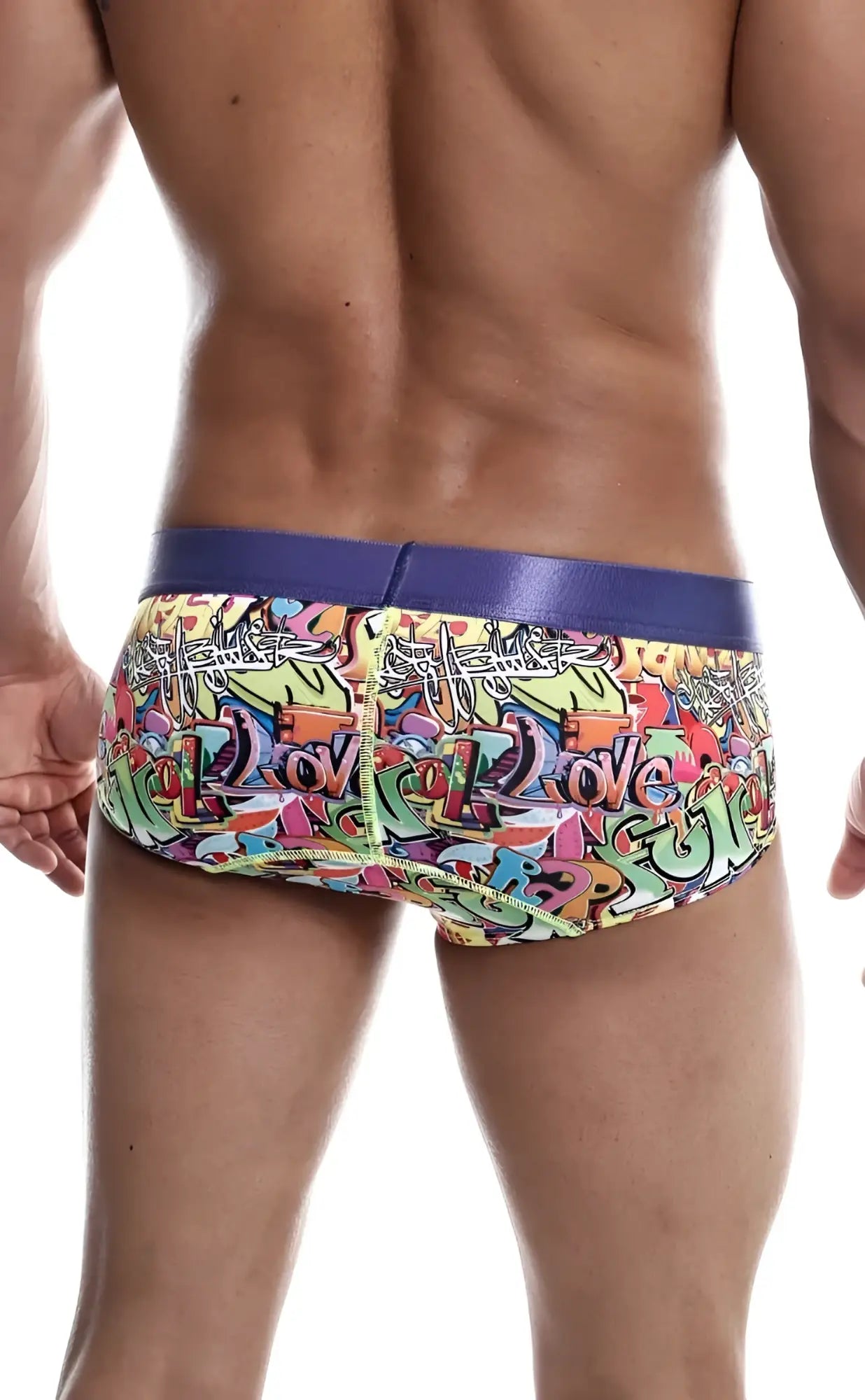 Malebasics hipster brief comics featuring vibrant graffiti pattern swim trunks with bold purple waistband