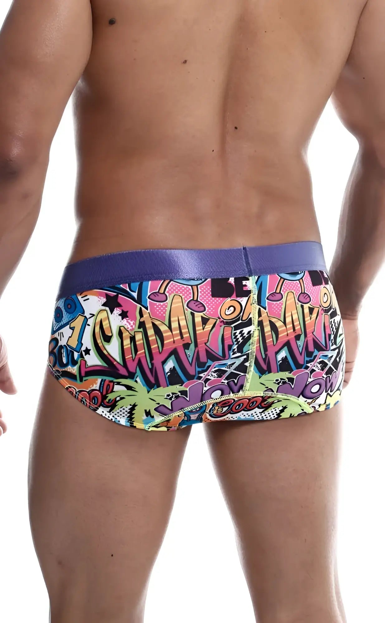 Malebasics hipster brief comics featuring vibrant graffiti pattern swim trunks with bold purple waistband