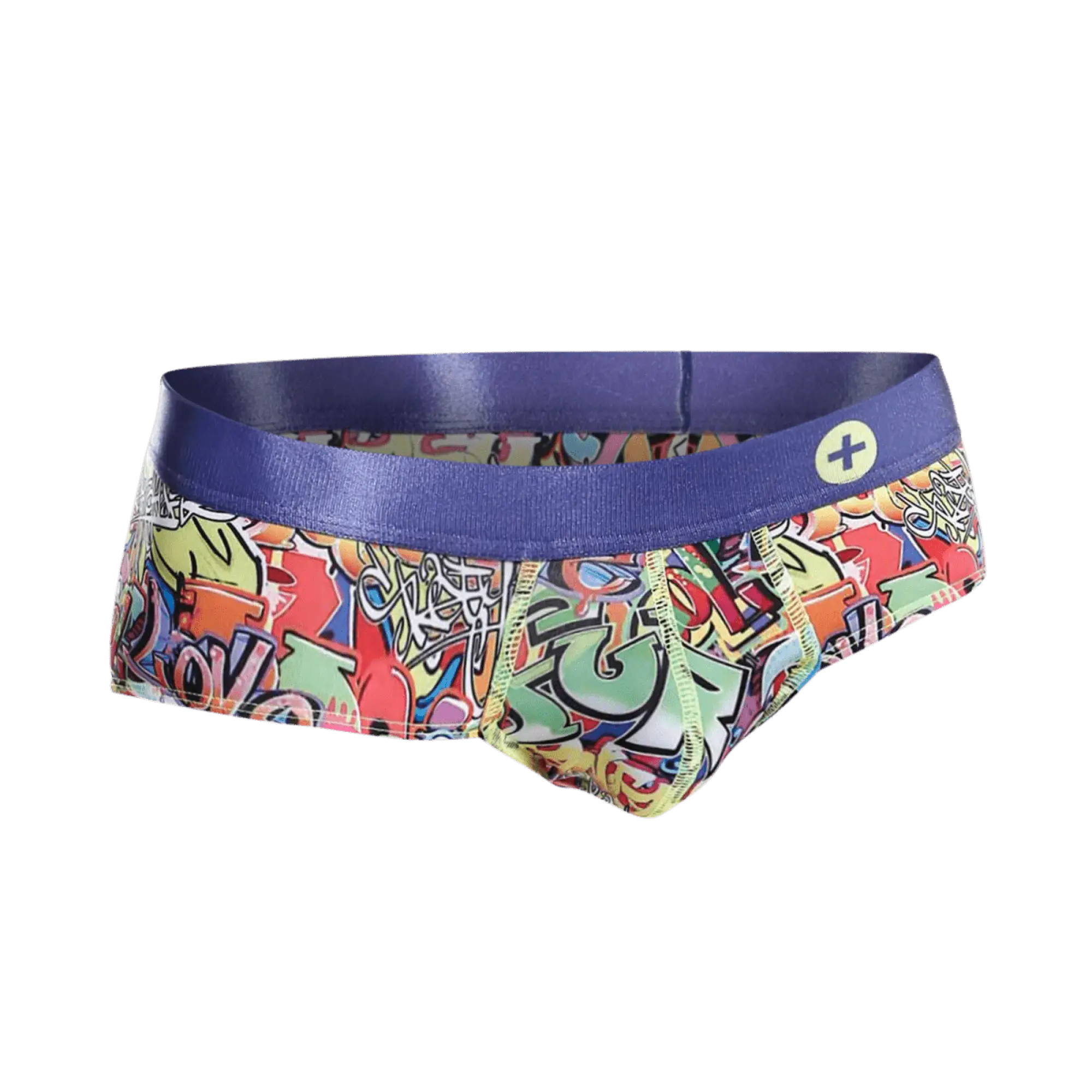 Malebasics hipster brief comics swim trunks featuring vibrant graffiti pattern with purple waistband and neon yellow stitching