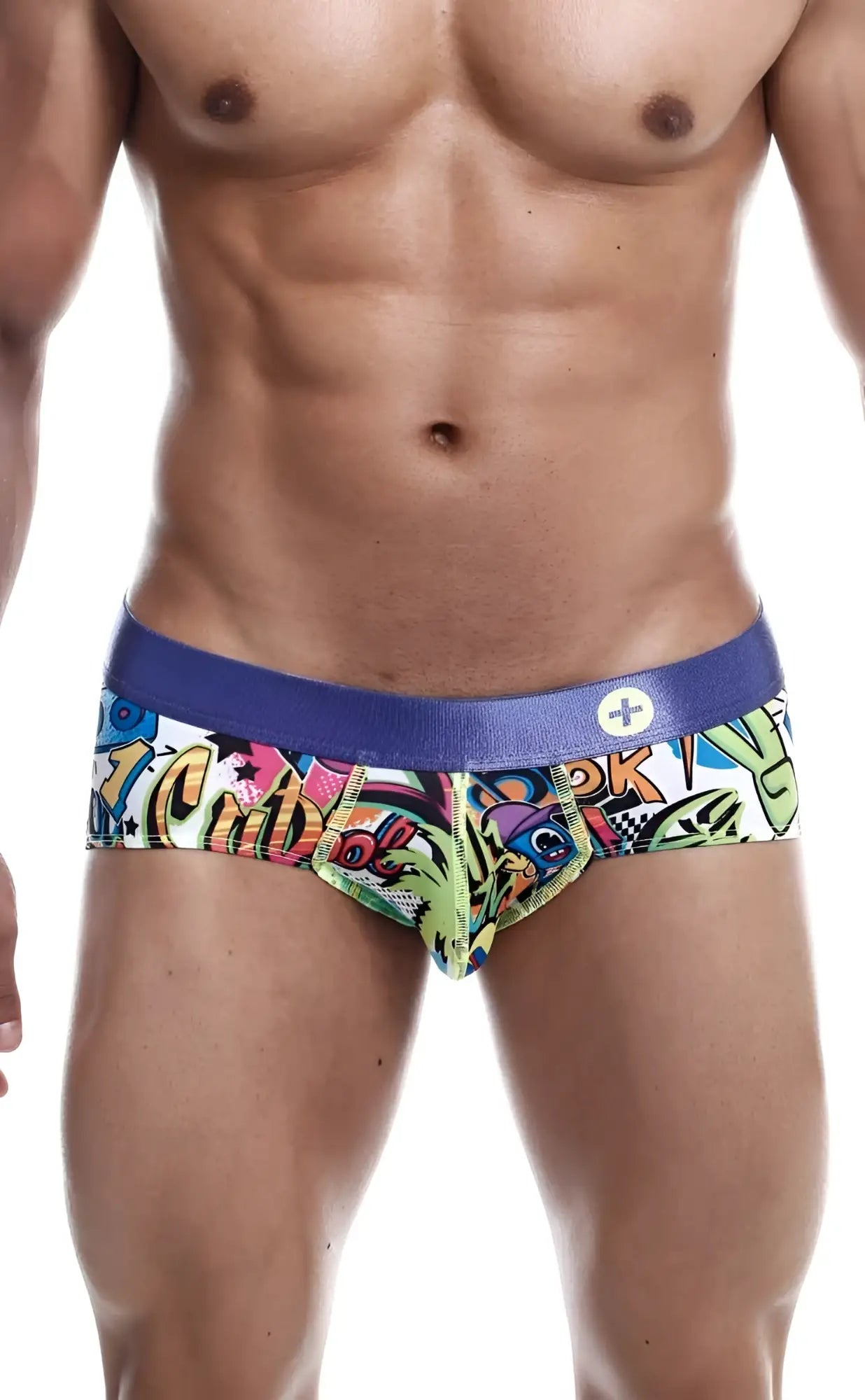 Malebasics hipster brief comics featuring vibrant graffiti-style print with bold blue waistband and colorful cartoon graphics