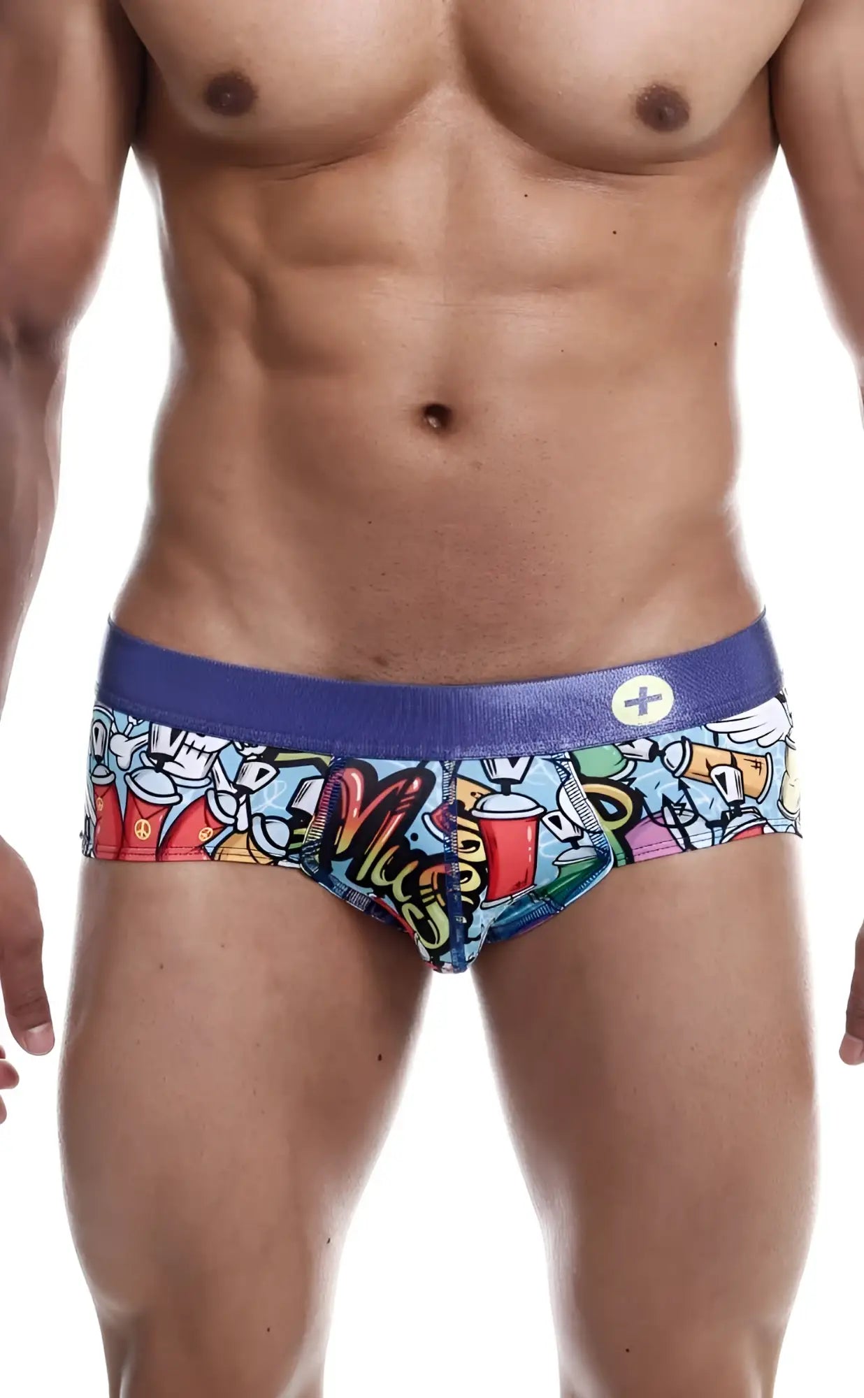 MaleBasics hipster brief comics with vibrant graffiti-style colorful cartoon graphics and a bold purple waistband