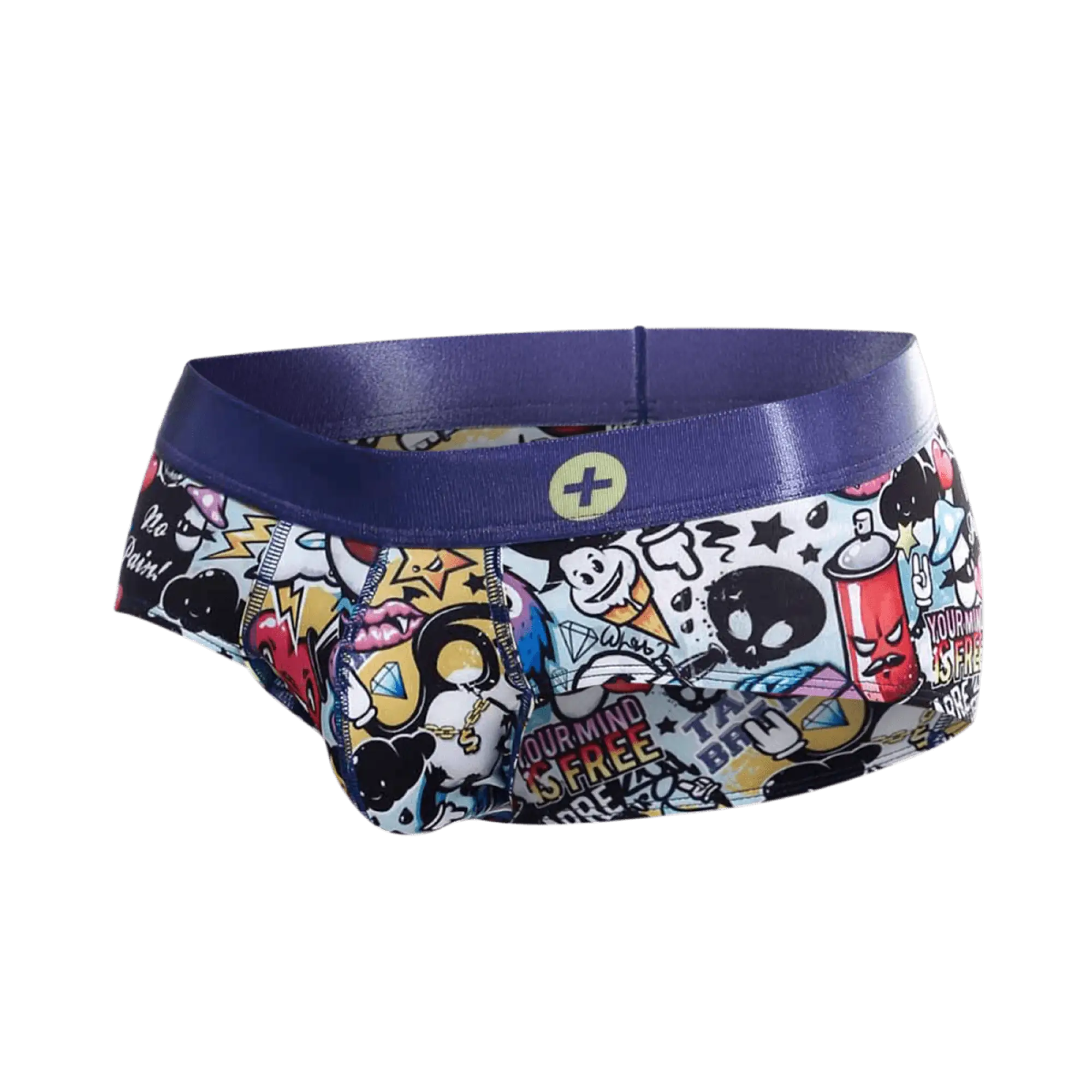 MaleBasics hipster brief comics men’s briefs with vibrant graffiti-style colorful cartoon print and bold purple waistband