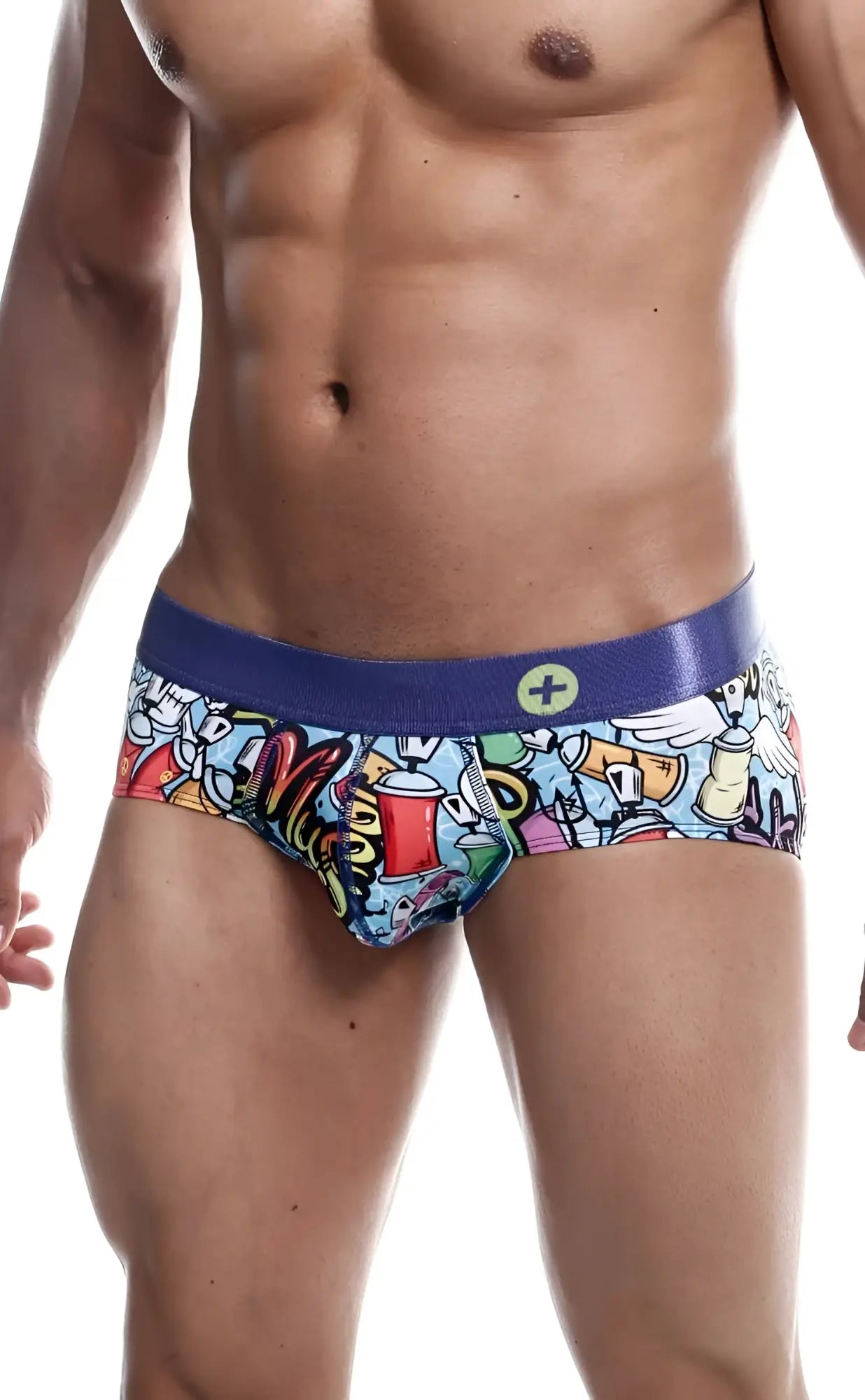 Malebasics hipster brief comics vibrant graffiti-style printed men’s briefs with solid blue elastic waistband