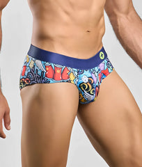 Malebasics hipster brief comics featuring vibrant graffiti-style print with colorful cartoon graphics and navy waistband