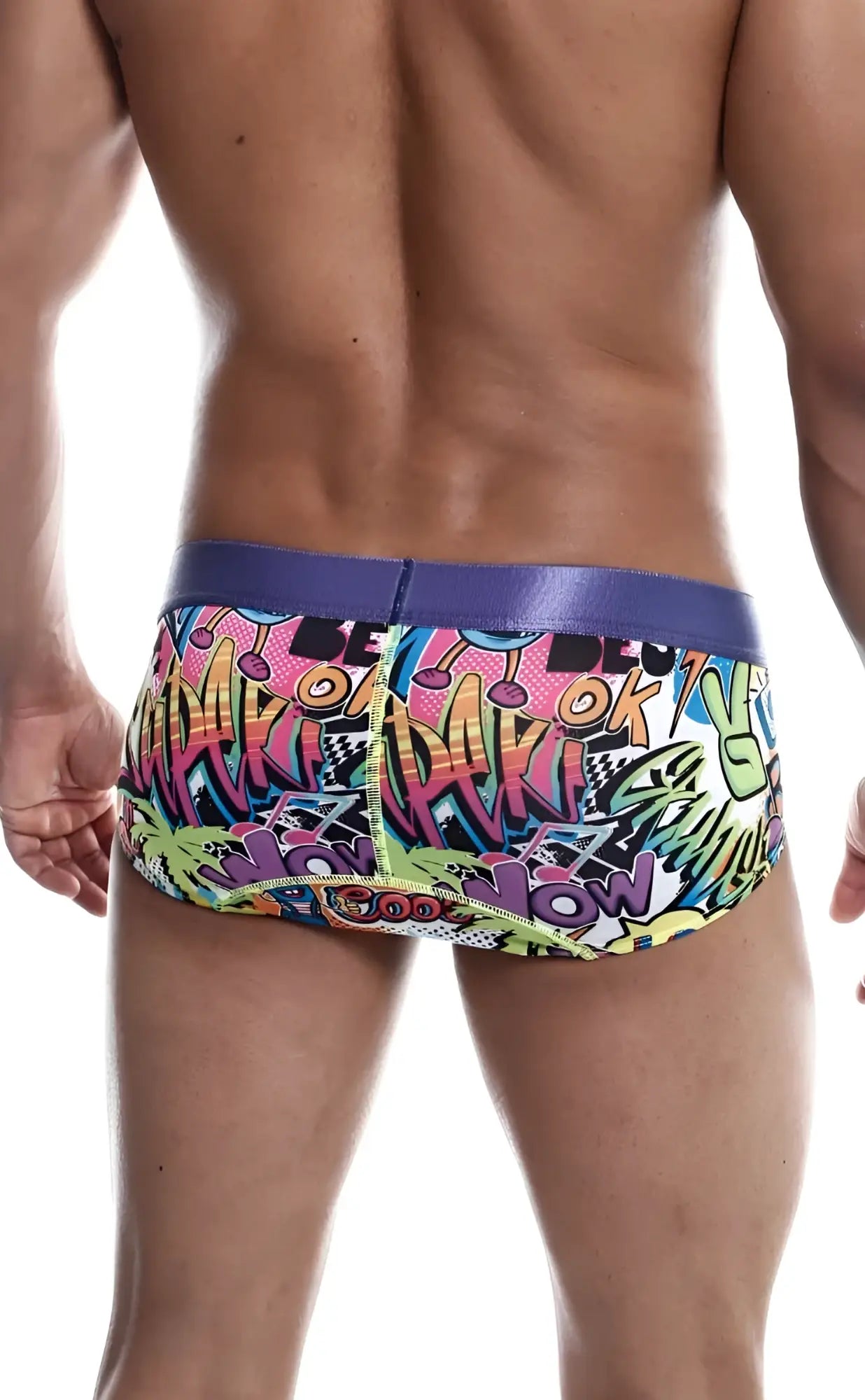 MaleBasics hipster brief comics swim trunks with vibrant graffiti print and bold purple waistband for men