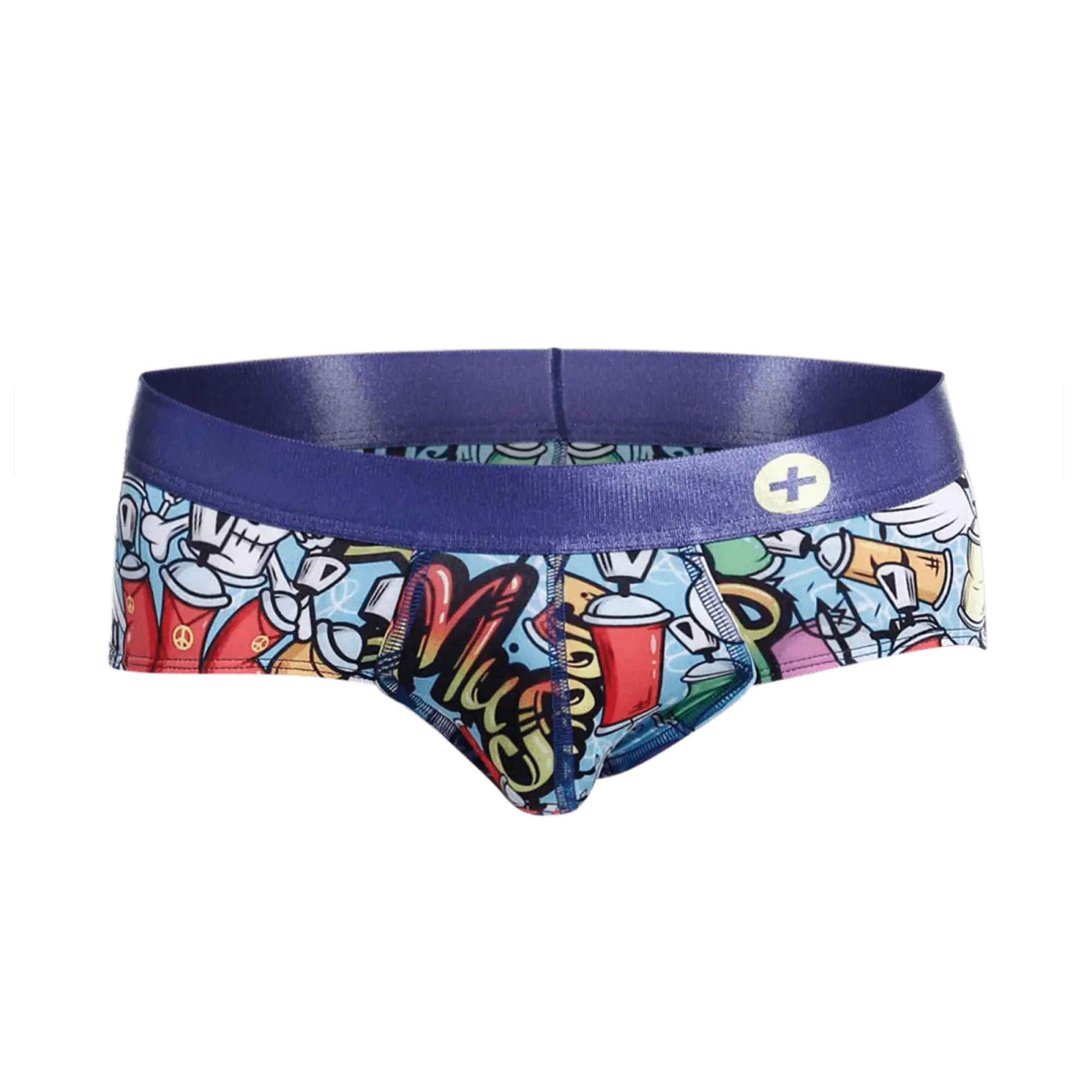 MaleBasics hipster brief comics featuring vibrant graffiti-themed colorful cartoon graphics with a bold blue waistband