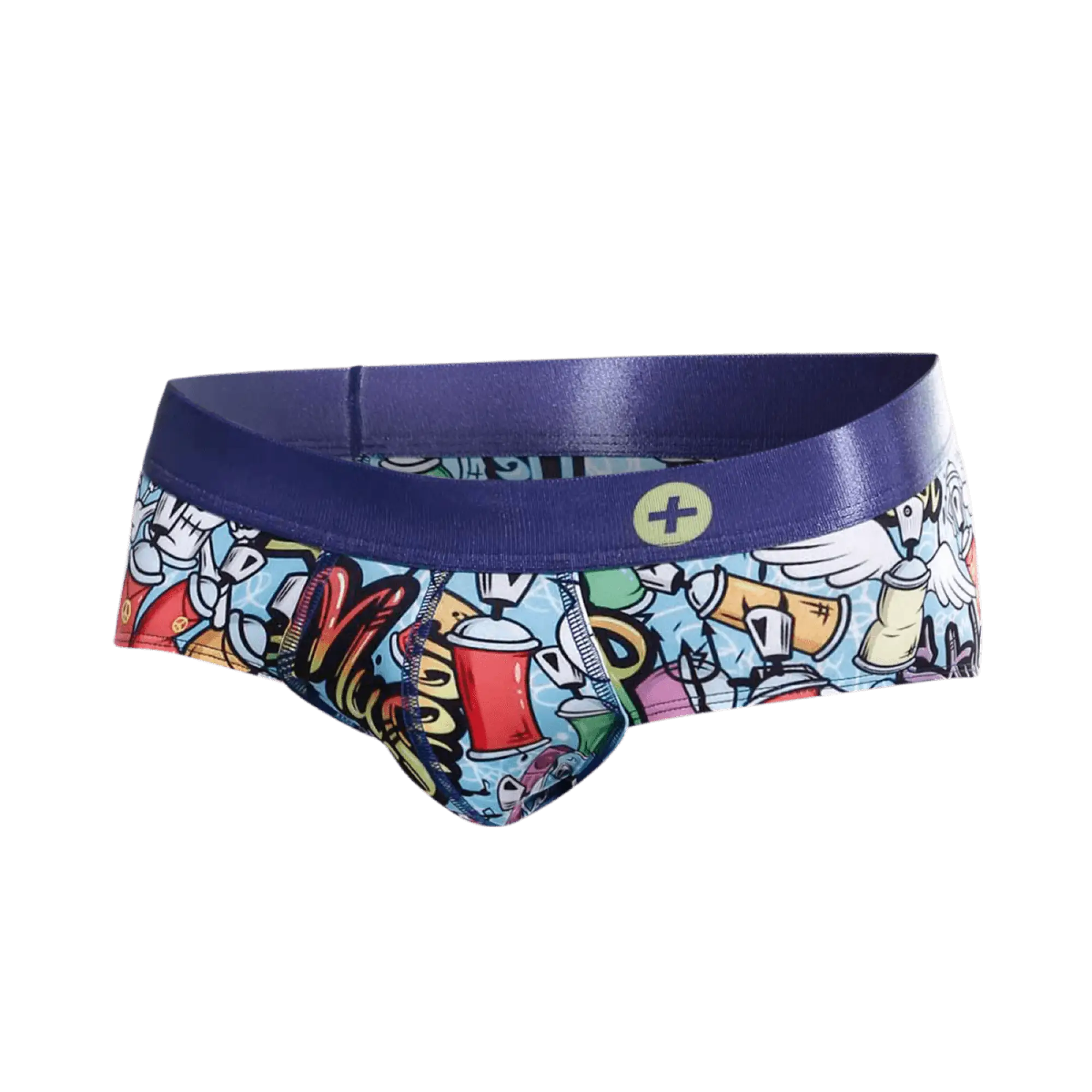 Malebasics hipster brief comics vibrant graffiti-themed men’s briefs with bold blue waistband and colorful spray paint cans