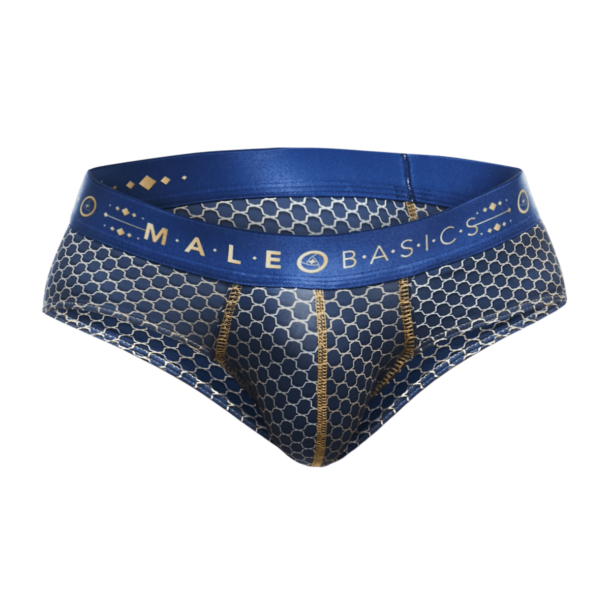 MaleBasics hipster brief in blue and silver honeycomb pattern with gold-trimmed waistband and male basics logo