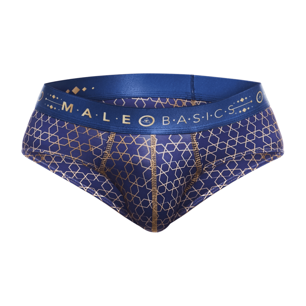 Malebasics hipster brief in blue and gold patterned fabric with branded waistband for comfortable everyday wear