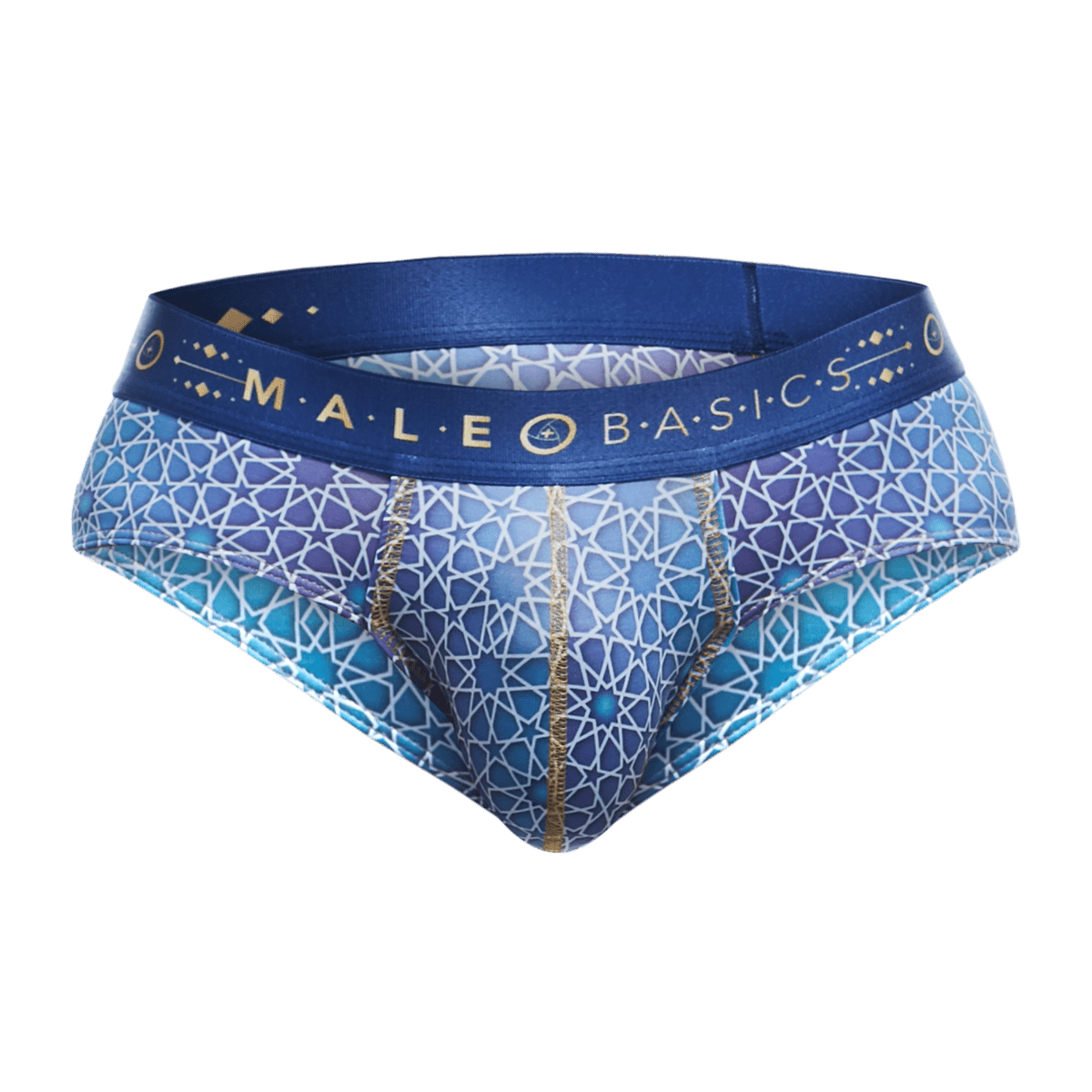 MaleBasics hipster brief in blue and purple with gold geometric accents and a branded waistband for men