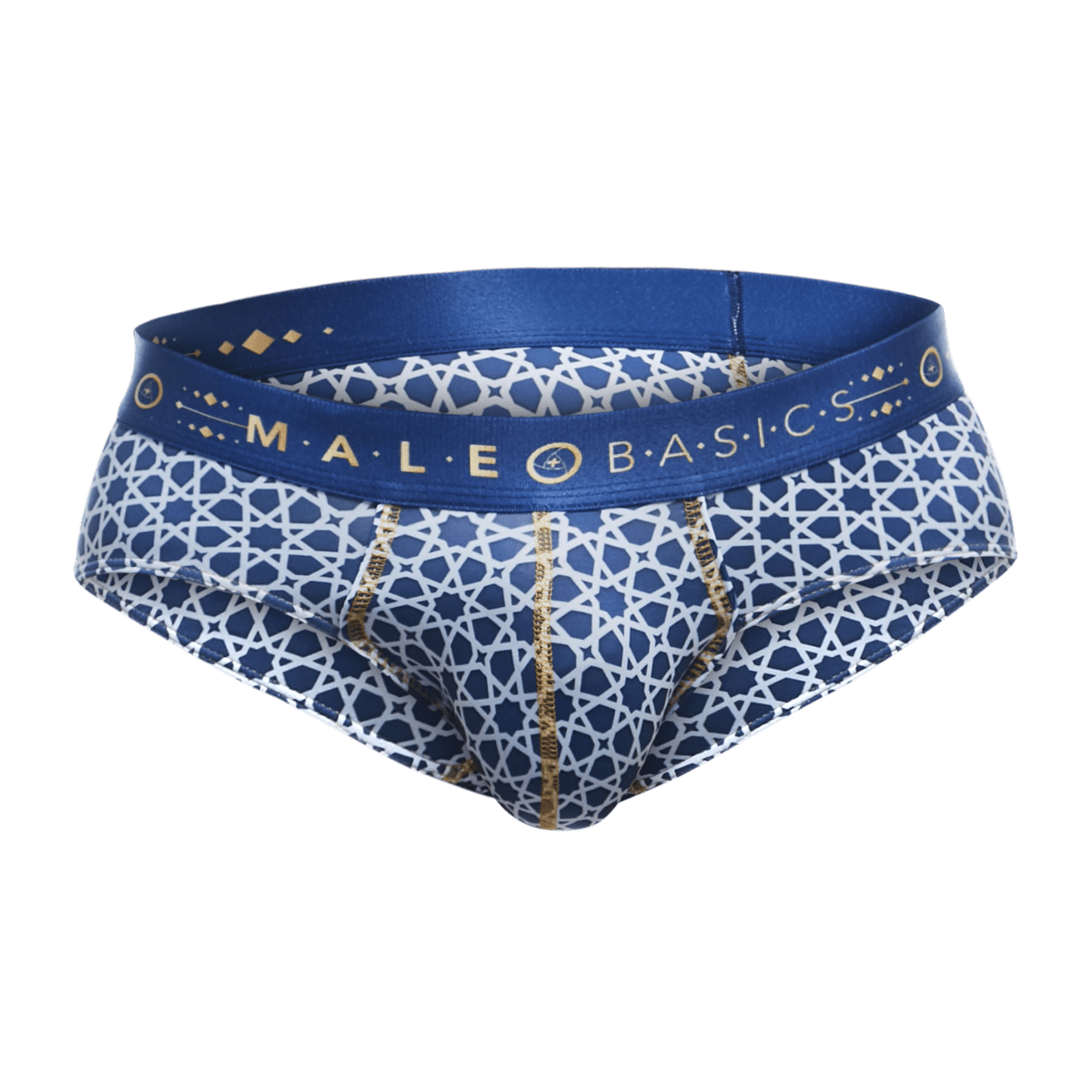 Blue and white patterned men’s hipster briefs with gold trim and male basics waistband featuring geometric design