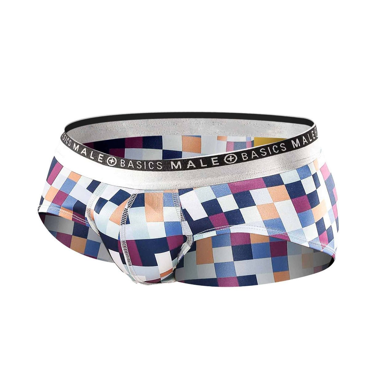 Colorful pixelated pattern men’s hipster briefs with silver basics male branded waistband for everyday comfort