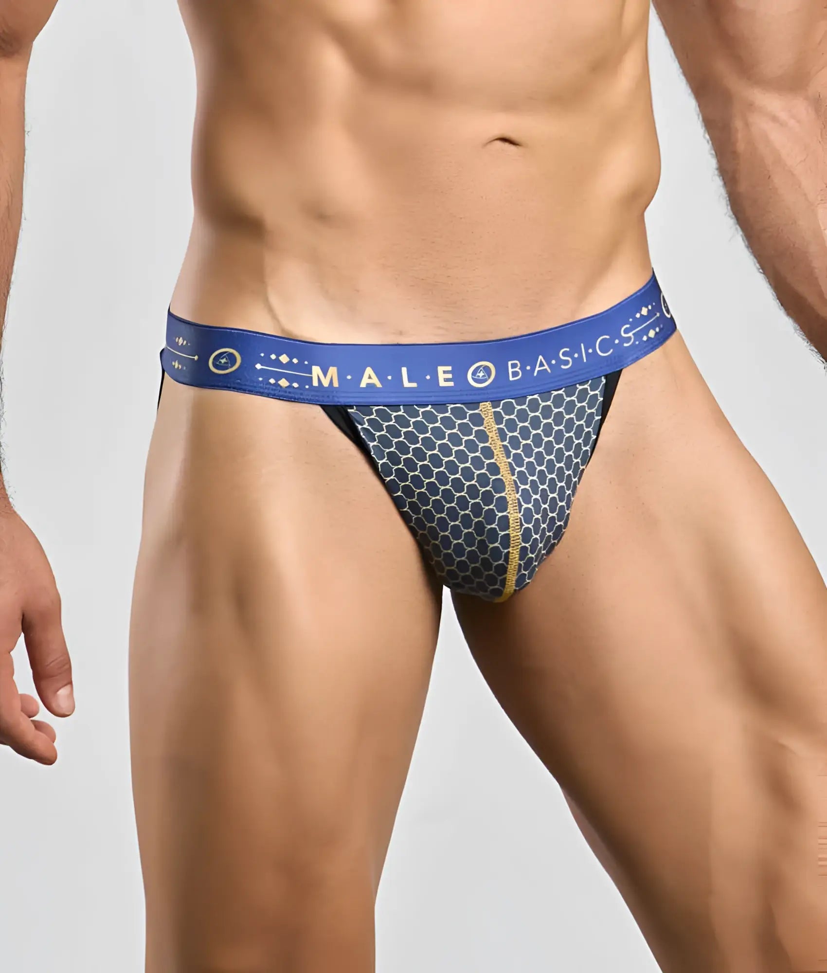 Malebasics hipster jockstrap blue and gold honeycomb patterned male briefs with branded waistband front view