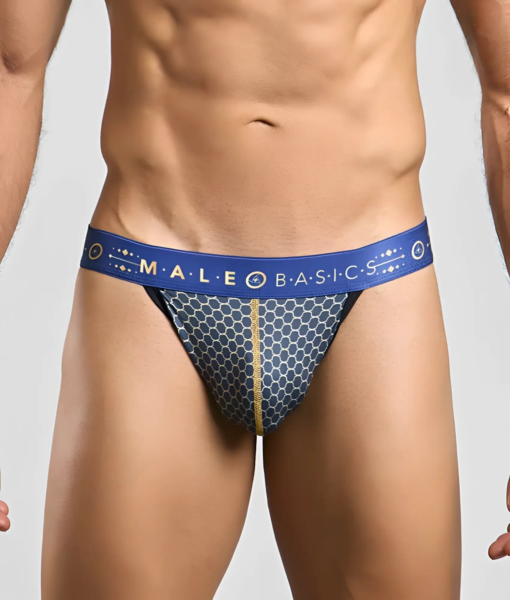 MaleBasics hipster jockstrap in blue and gold honeycomb pattern with branded waistband for stylish support