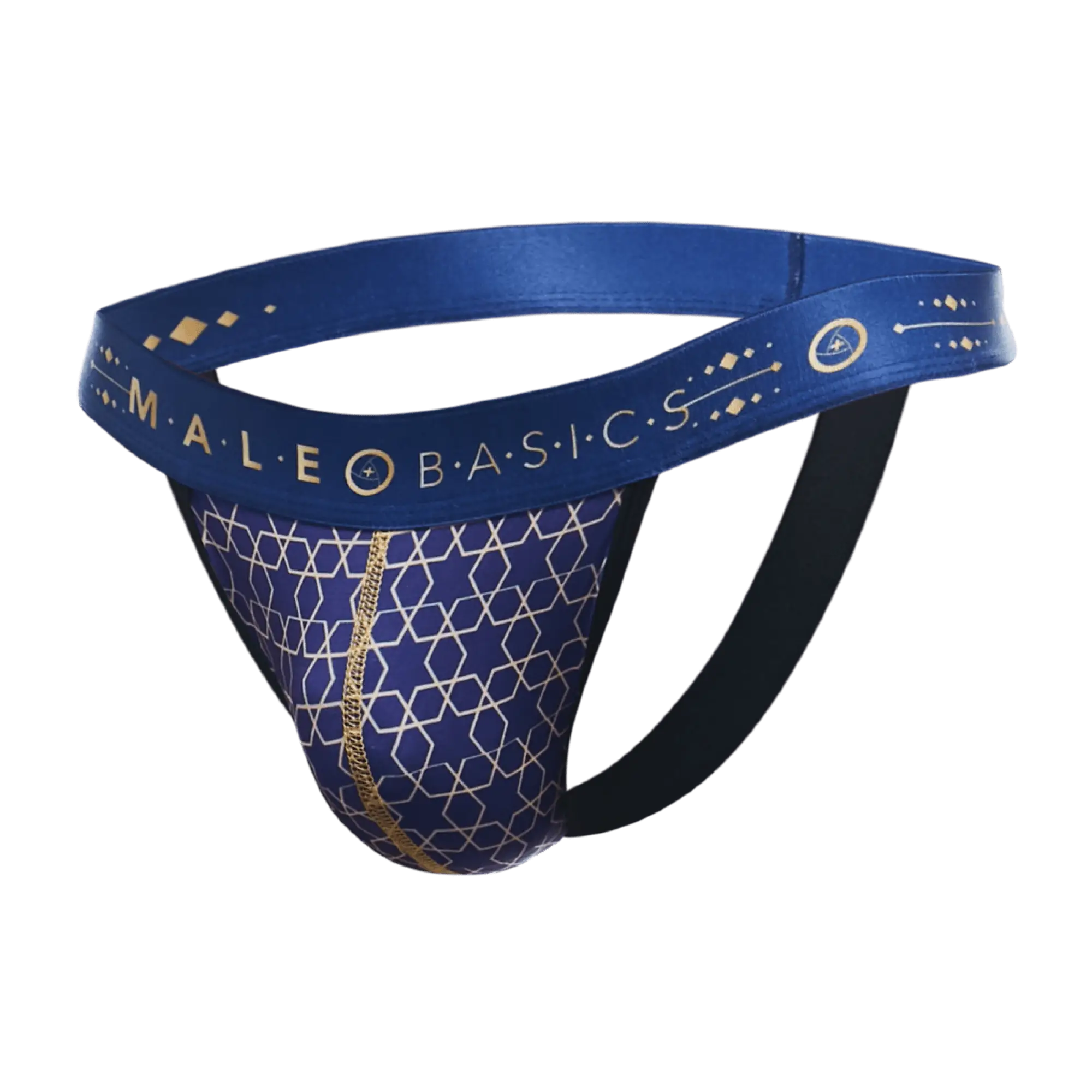 Malebasics hipster jockstrap in blue and gold patterned geometric design with comfortable supportive fit