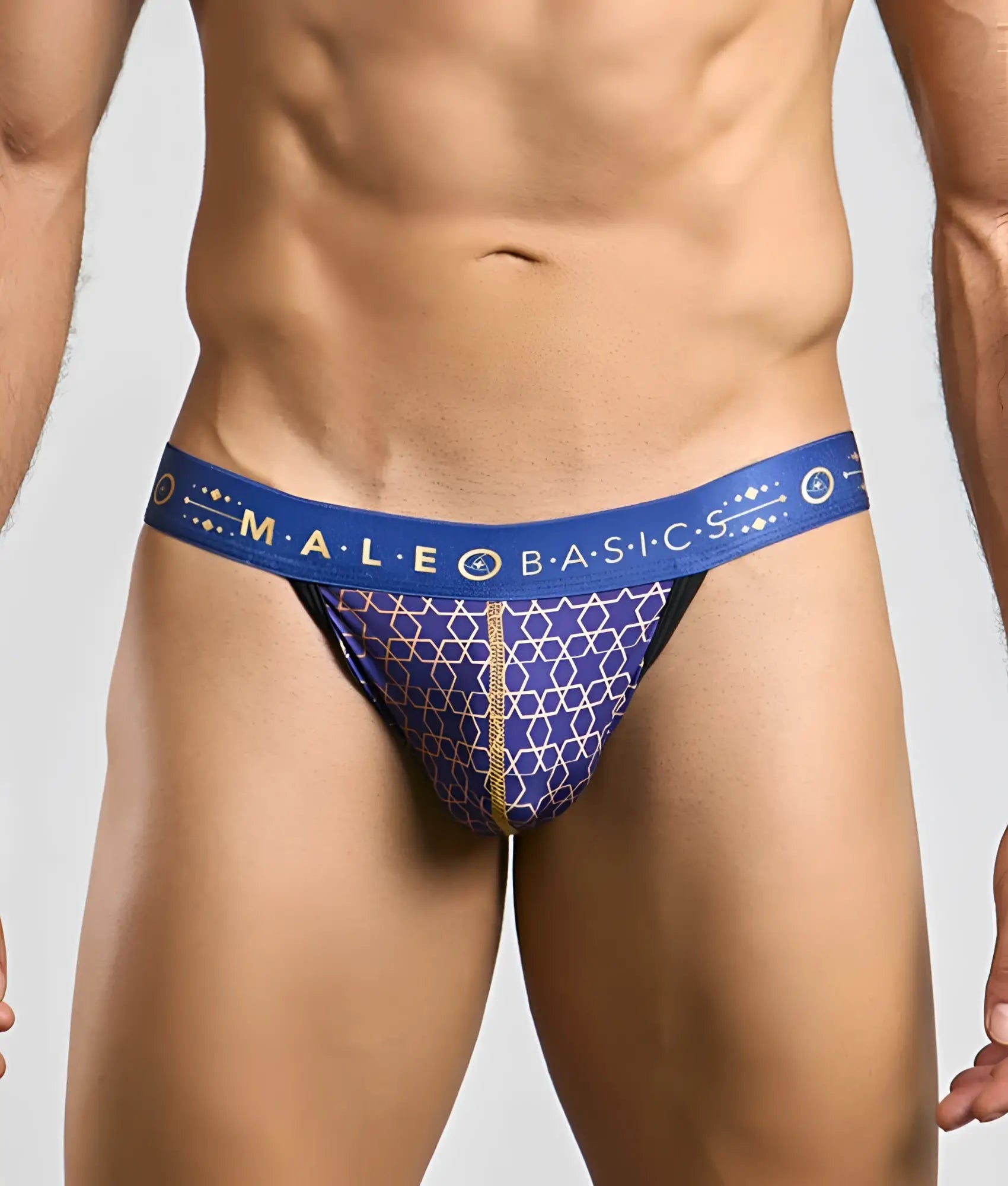 Malebasics hipster jockstrap briefs in blue and gold with geometric pattern designed for male basics comfort