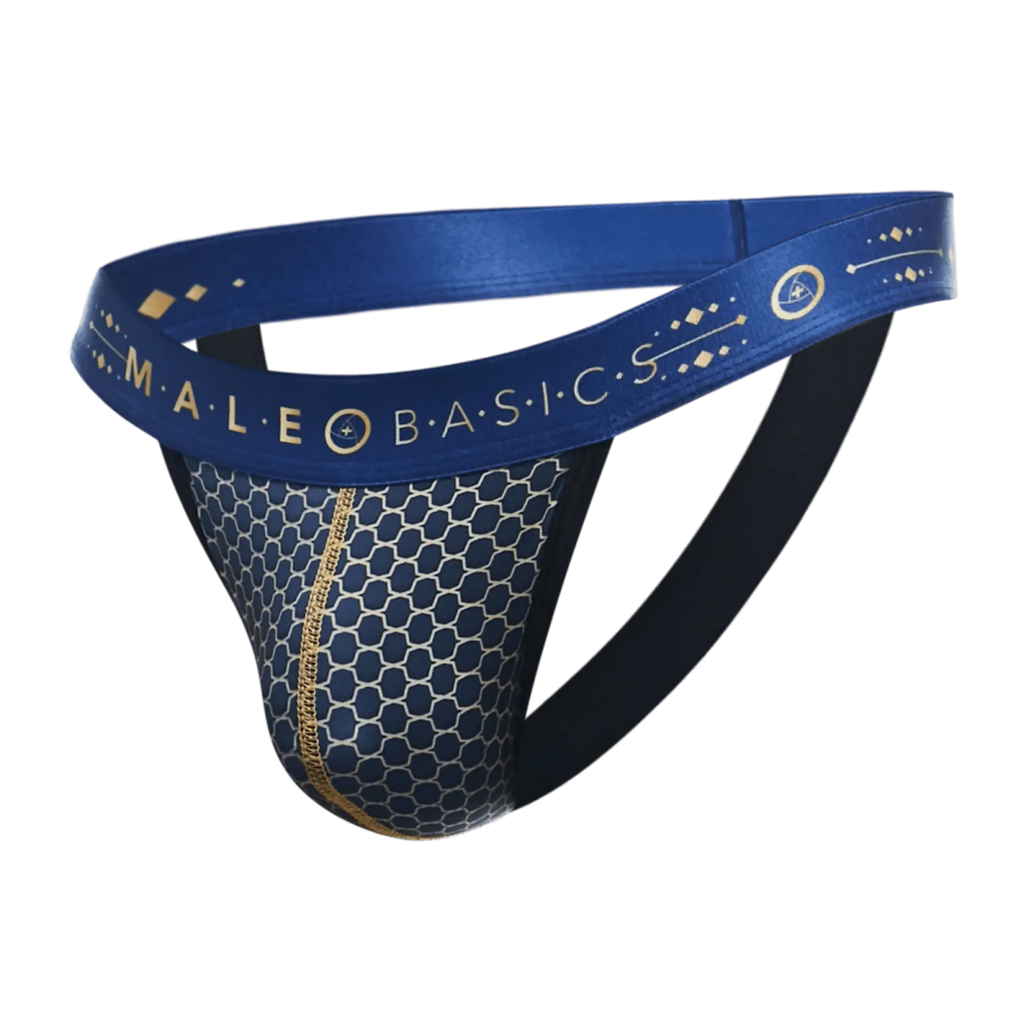 Malebasics hipster jockstrap in blue athletic briefs with honeycomb mesh pattern and gold trim visible from the back