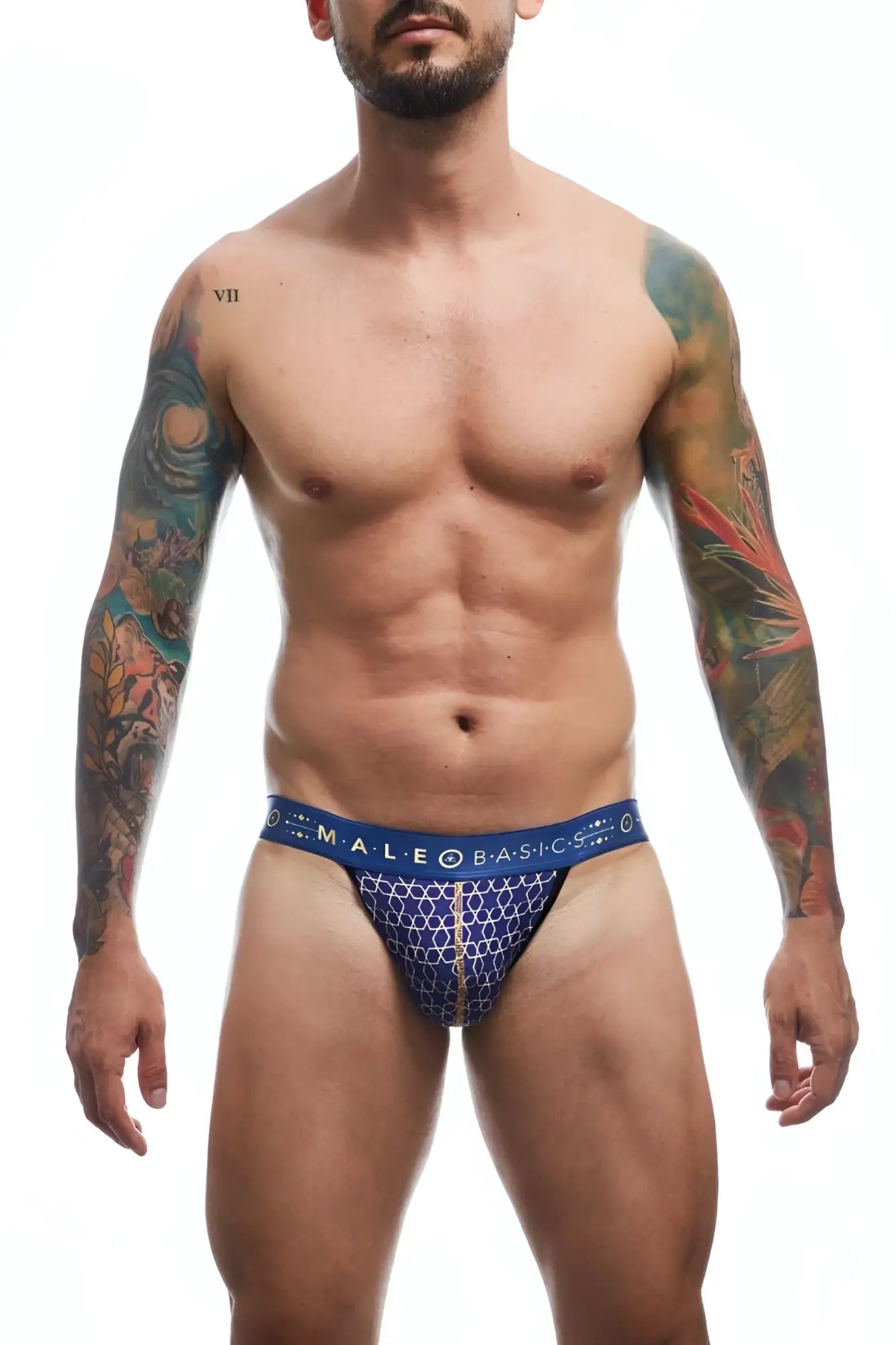 Malebasics hipster jockstrap in blue patterned briefs with geometric design and male basics waistband branding