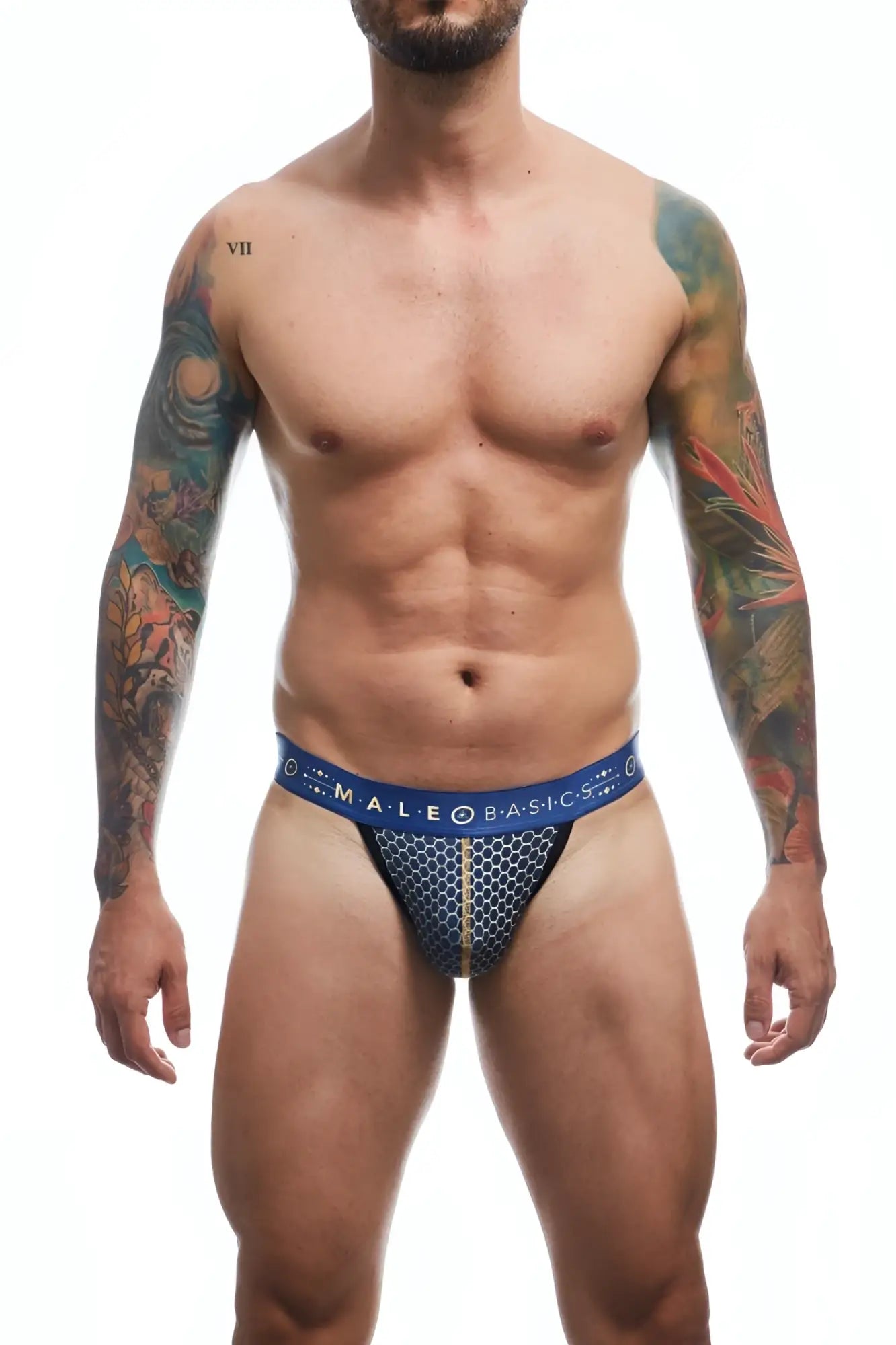 Malebasics hipster jockstrap in blue patterned briefs with honeycomb design and gold trim